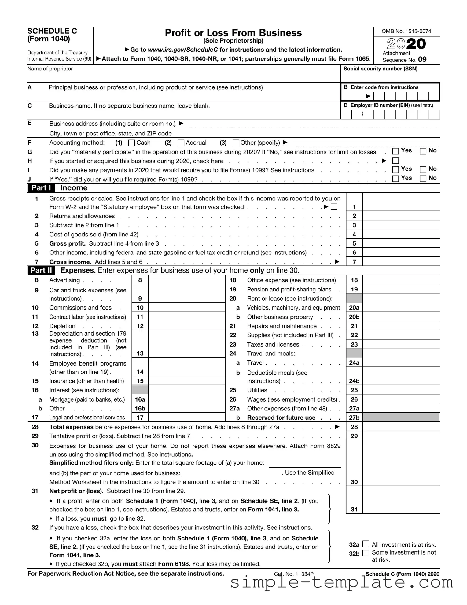 Free IRS Schedule C 1040 Form in PDF