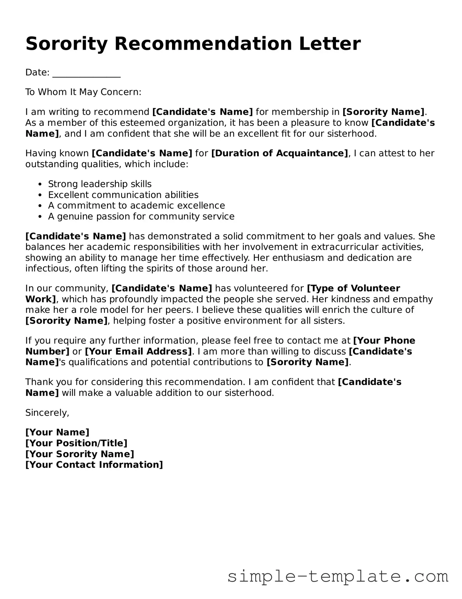 Sorority Recommendation Letter Form