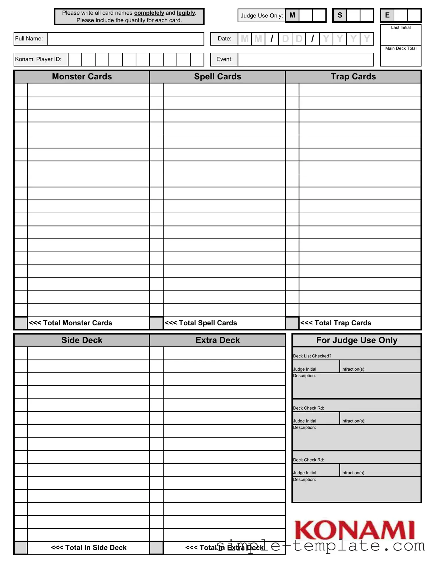 Free Konami Decklist Form in PDF