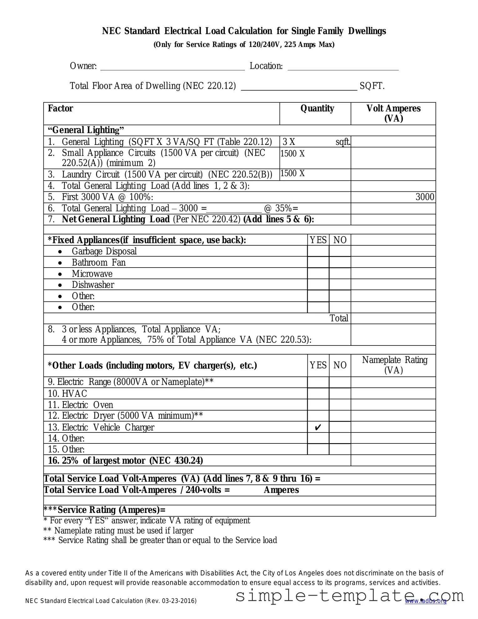 Free LADBS NEC Standard Electrical Load Calculation Form in PDF