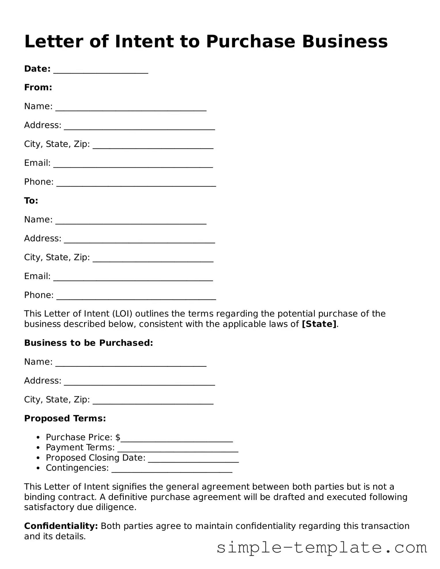 Letter of Intent to Purchase Business Form