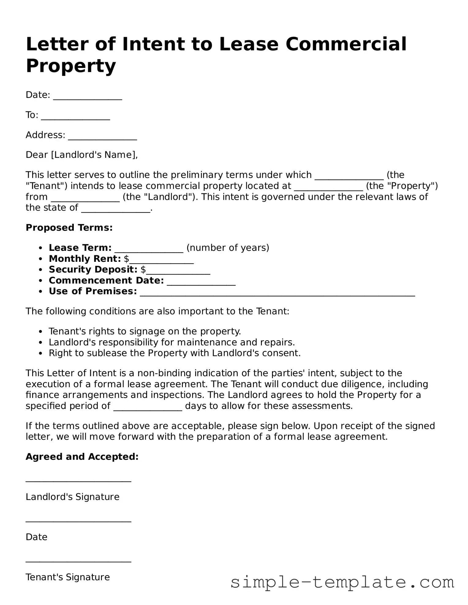 Letter of Intent to Lease Commercial Property Form