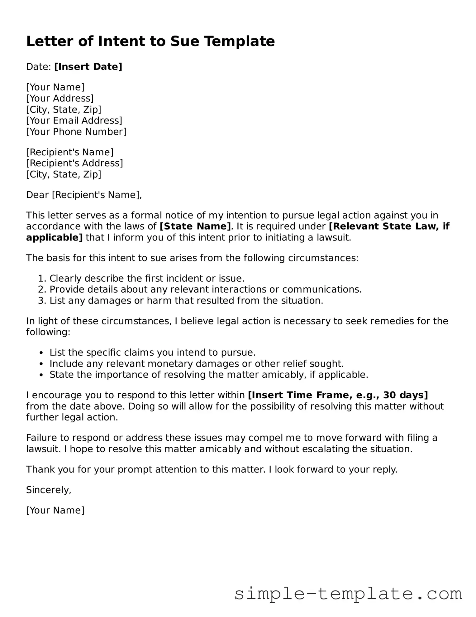 Letter of Intent to Sue Form