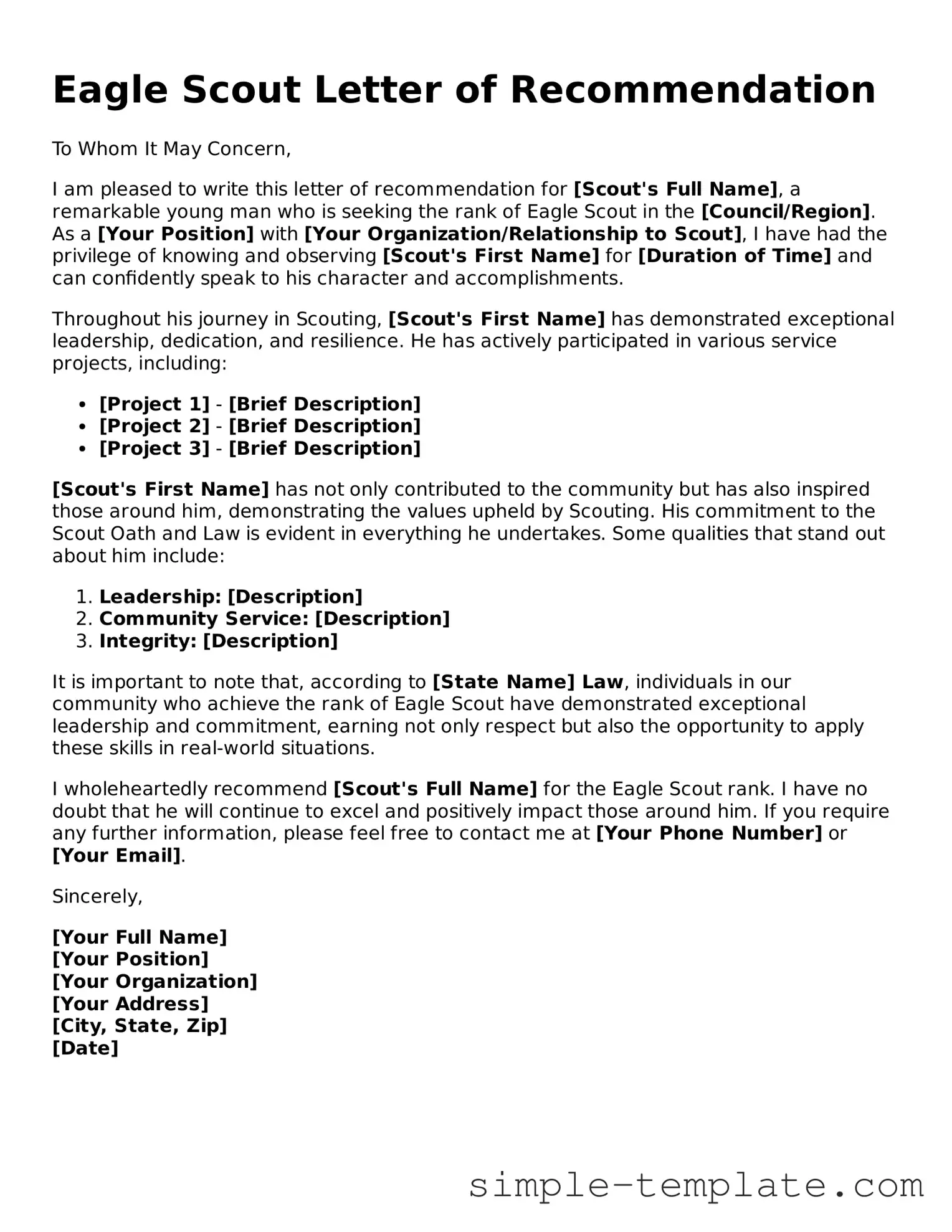 Eagle Scout Letter of Recommendation Form