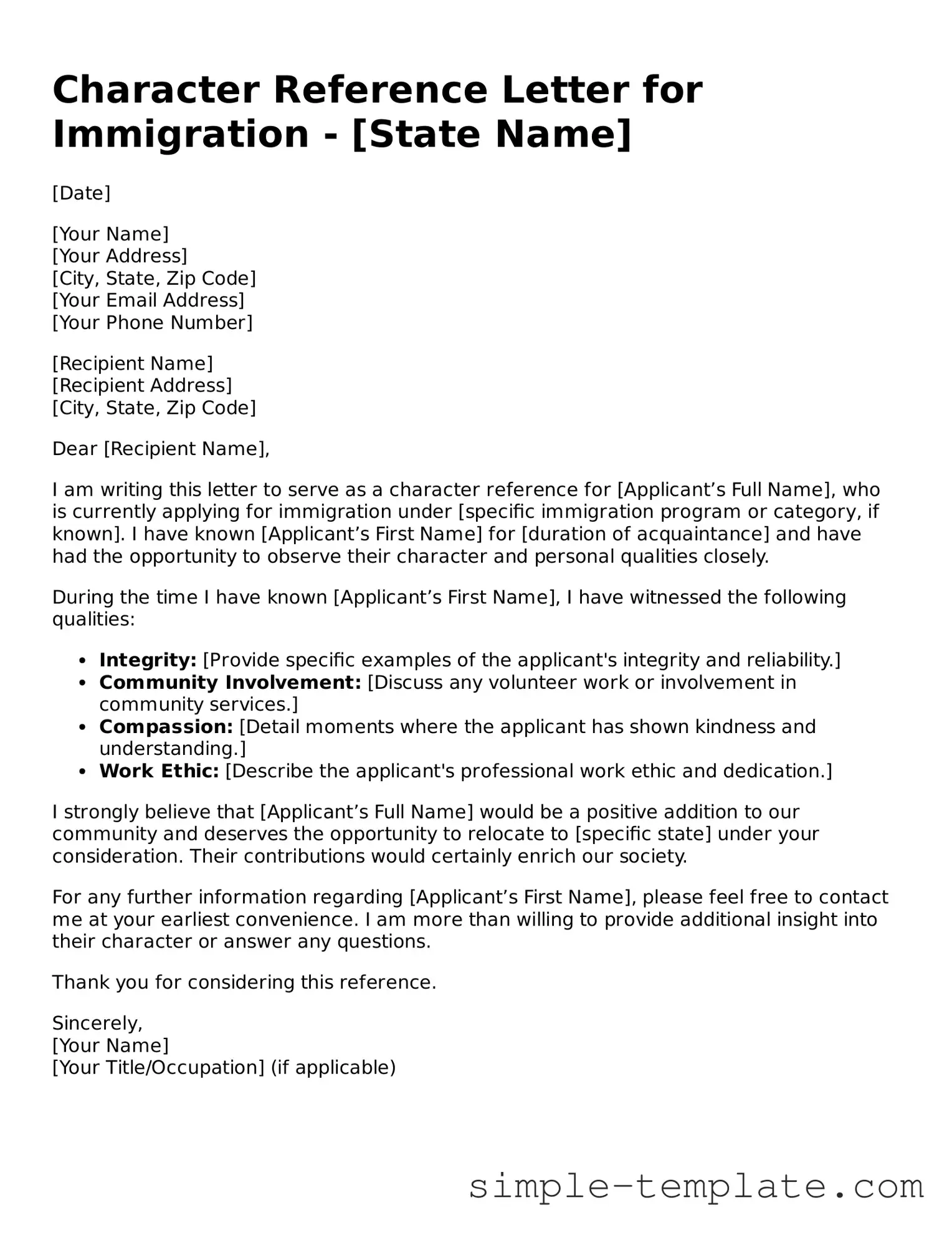 Character Reference Letter for Immigration Form