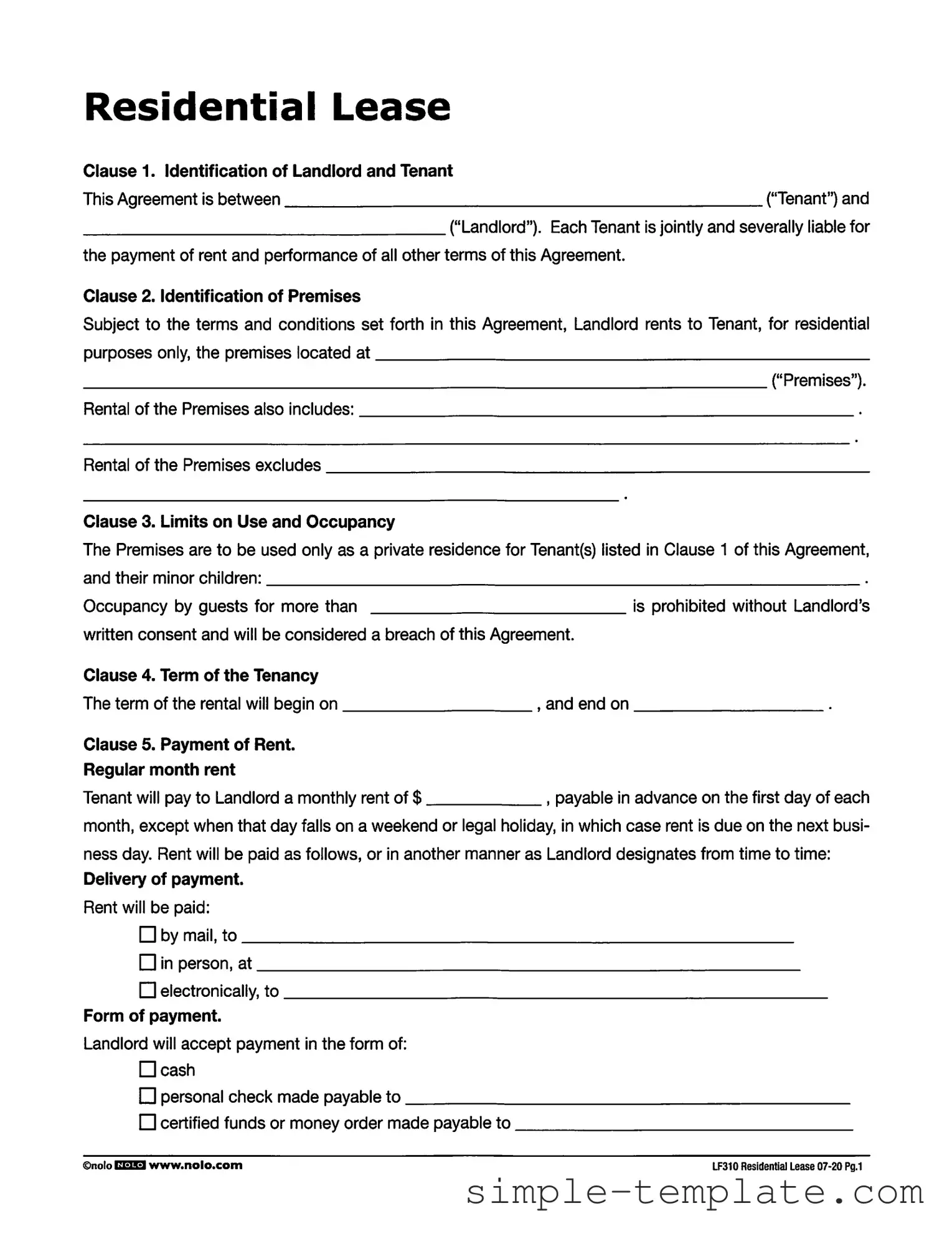 Free Lf310 Residential Lease Form in PDF