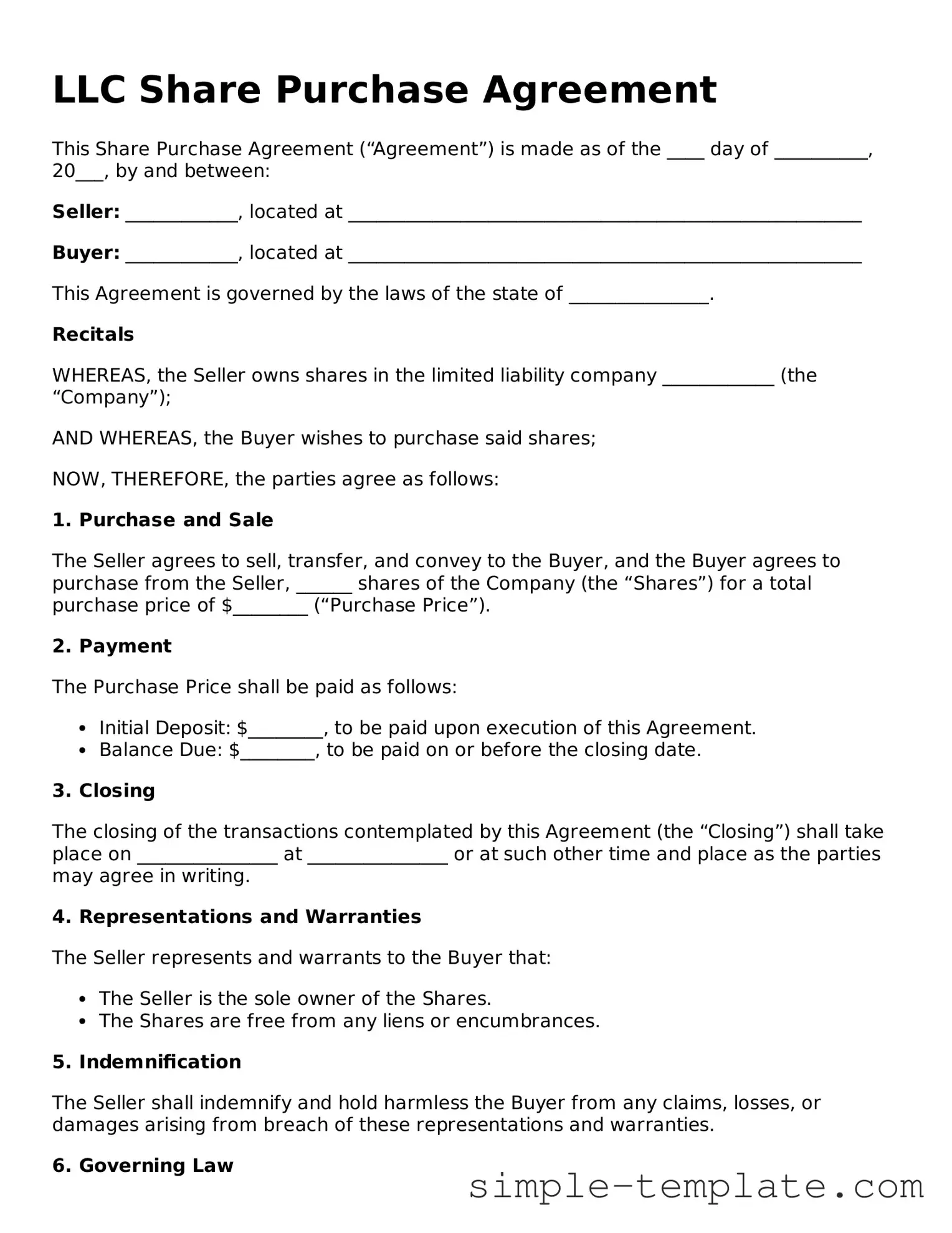 LLC Share Purchase Agreement Form