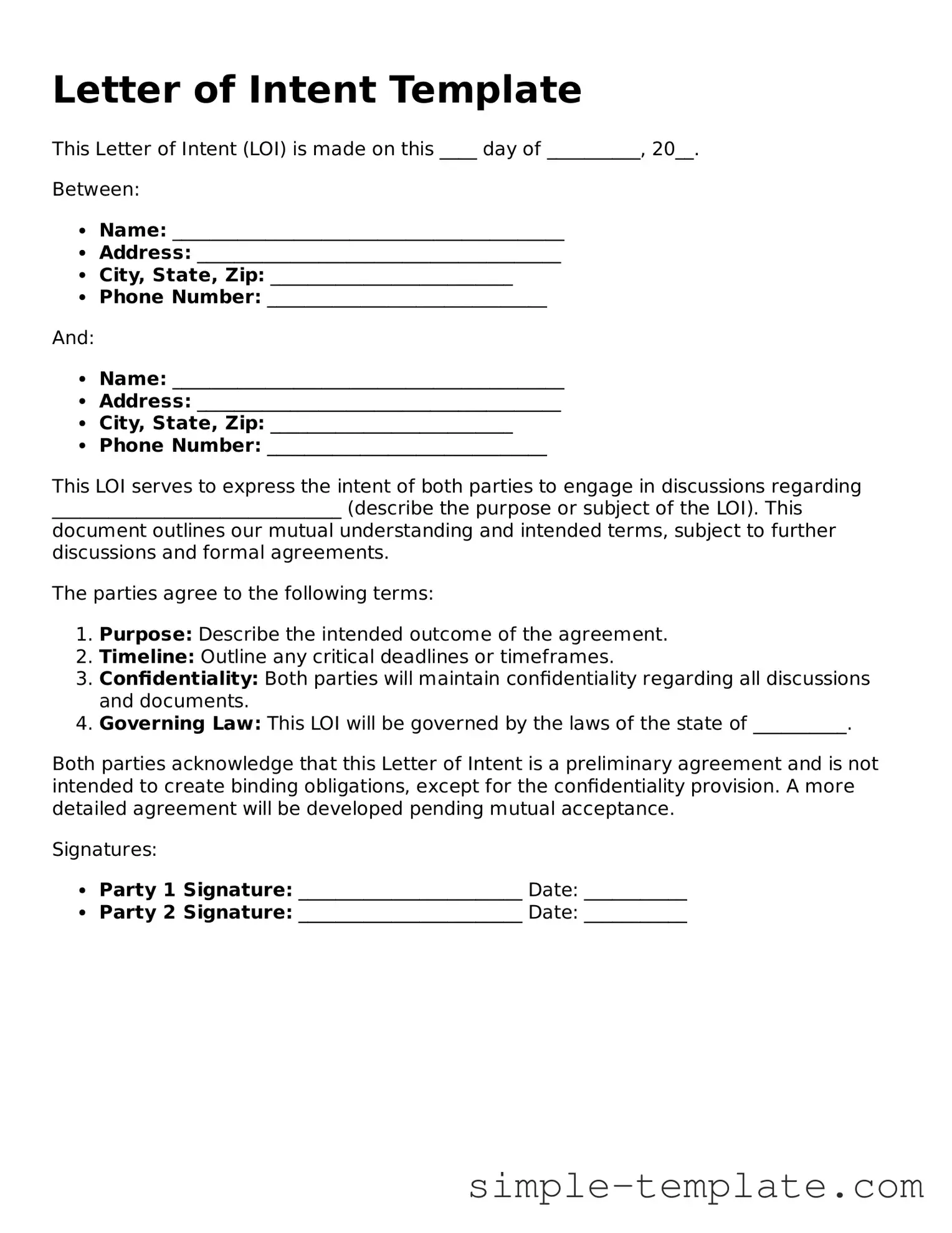 Letter of Intent Form