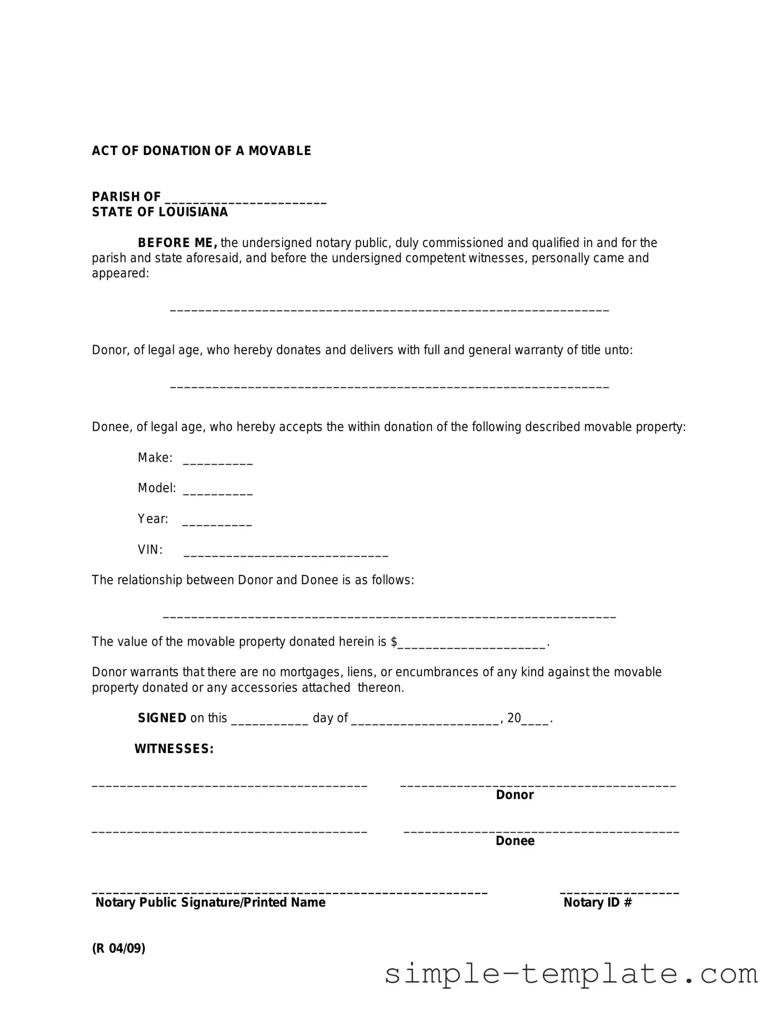 Free Louisiana act of donation Form in PDF