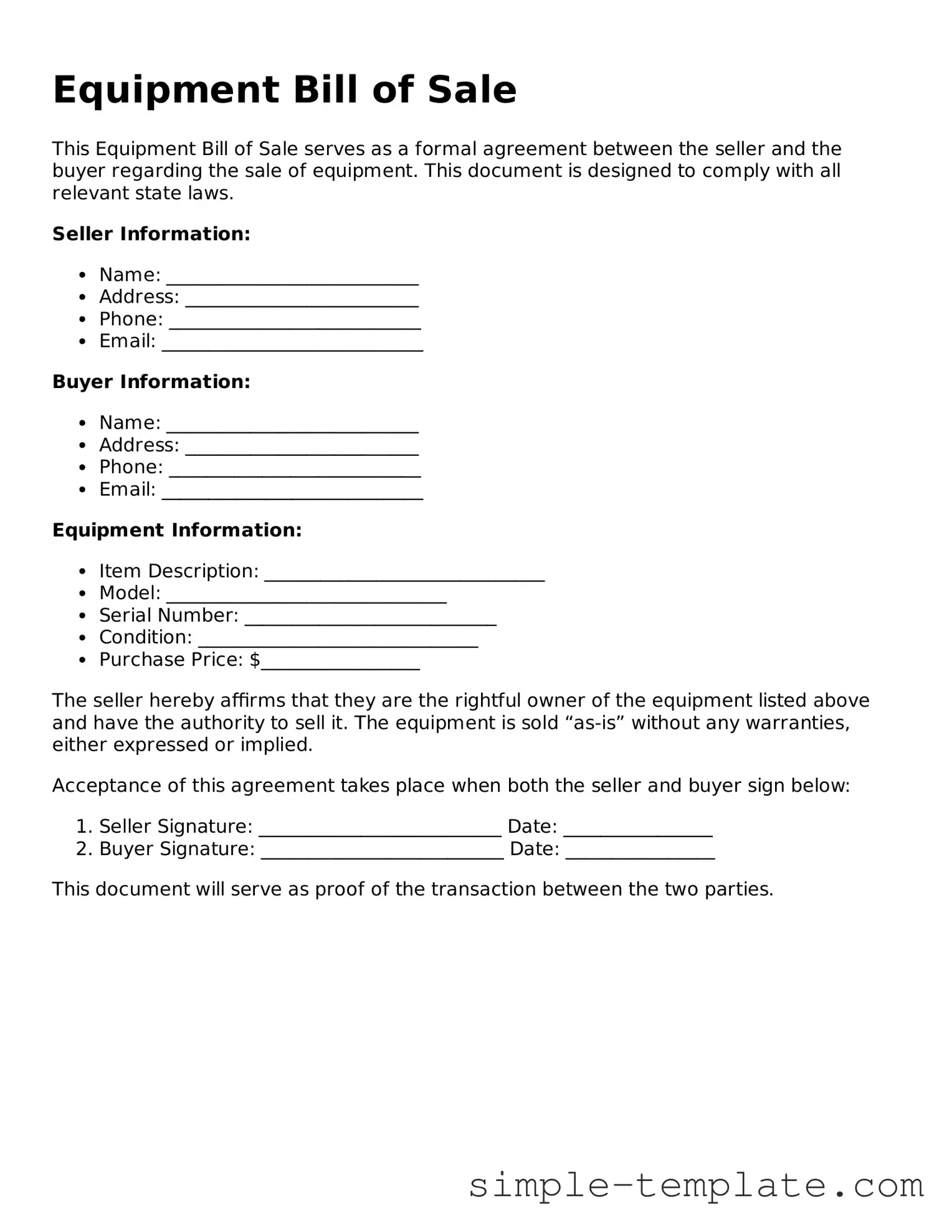 Equipment Bill of Sale Form