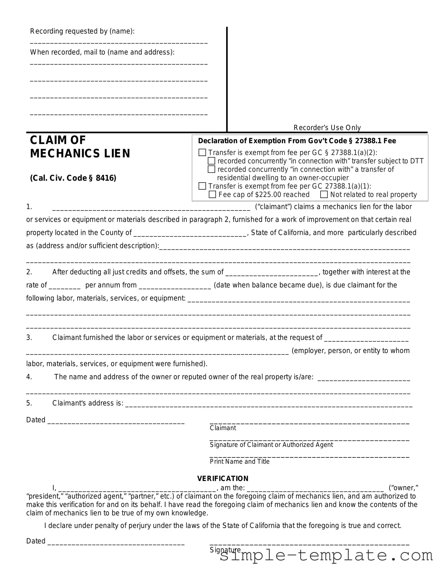 Free Mechanics Lien California Form in PDF