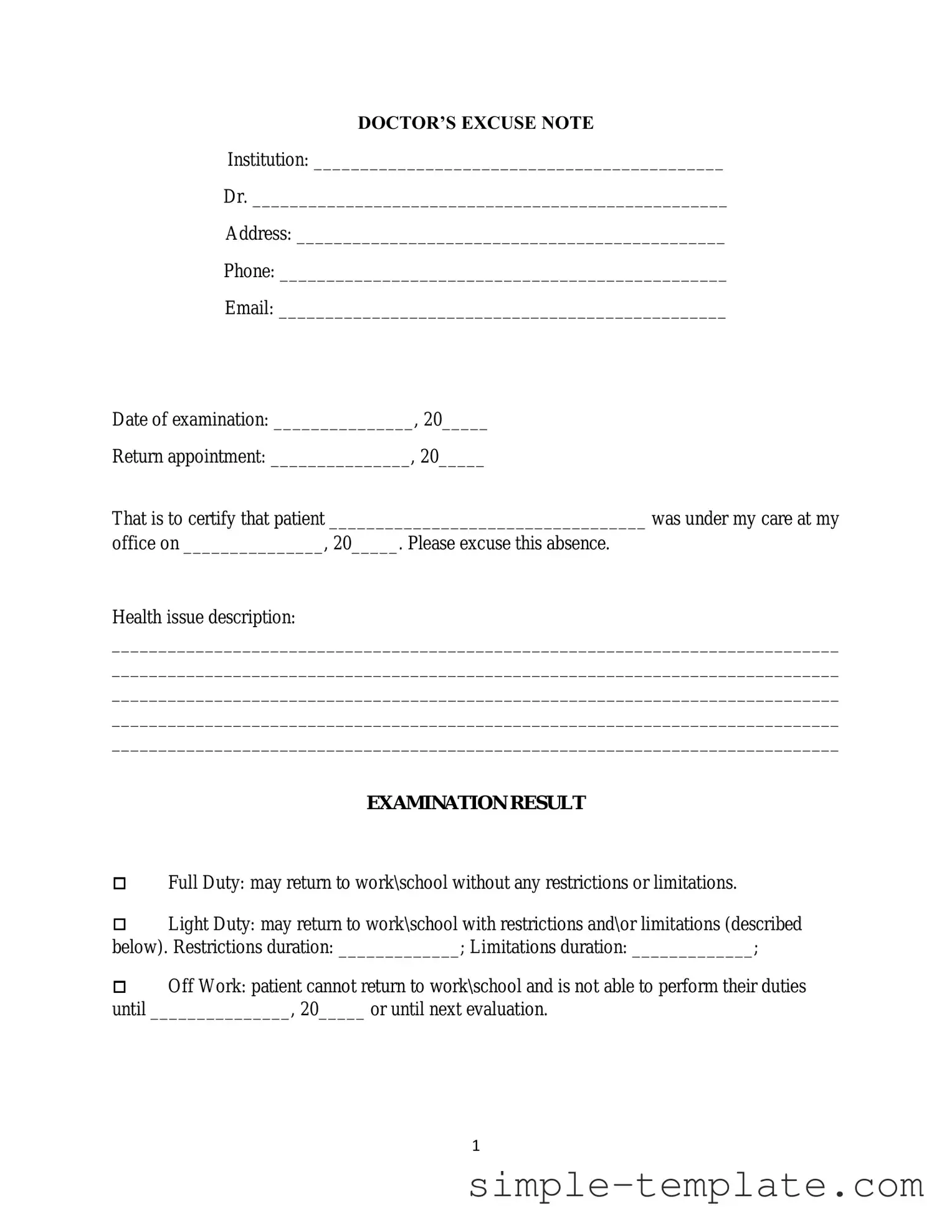 Free Doctors Excuse Note Form in PDF