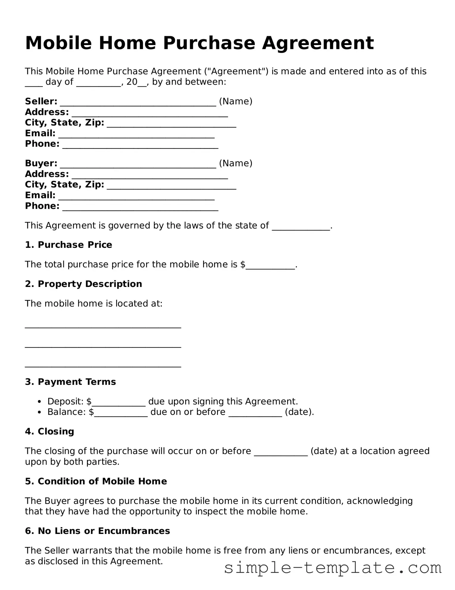 Mobile Home Purchase Agreement Form