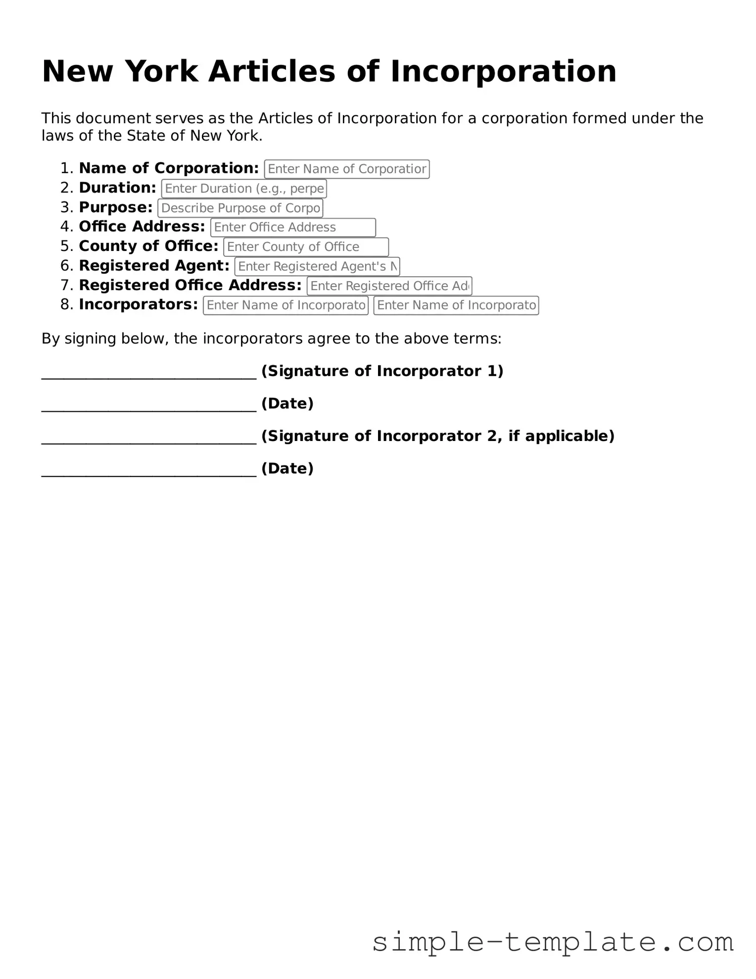 Printable New York Articles of Incorporation Document