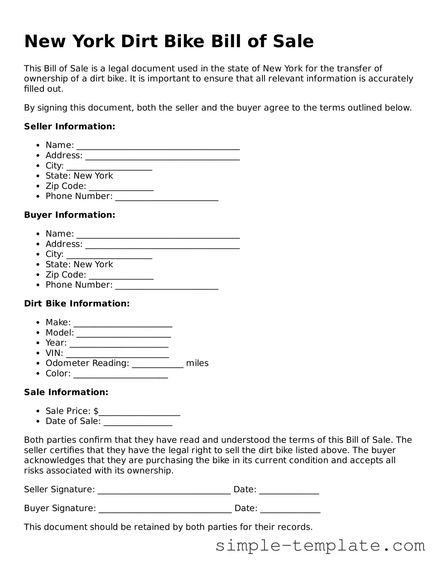 Printable New York Dirt Bike Bill of Sale Document