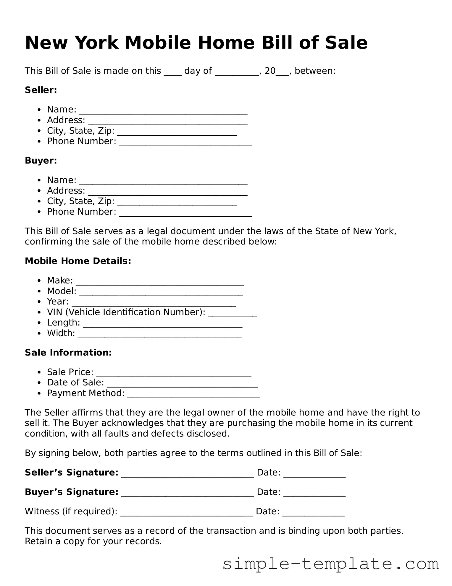 Printable New York Mobile Home Bill of Sale Document