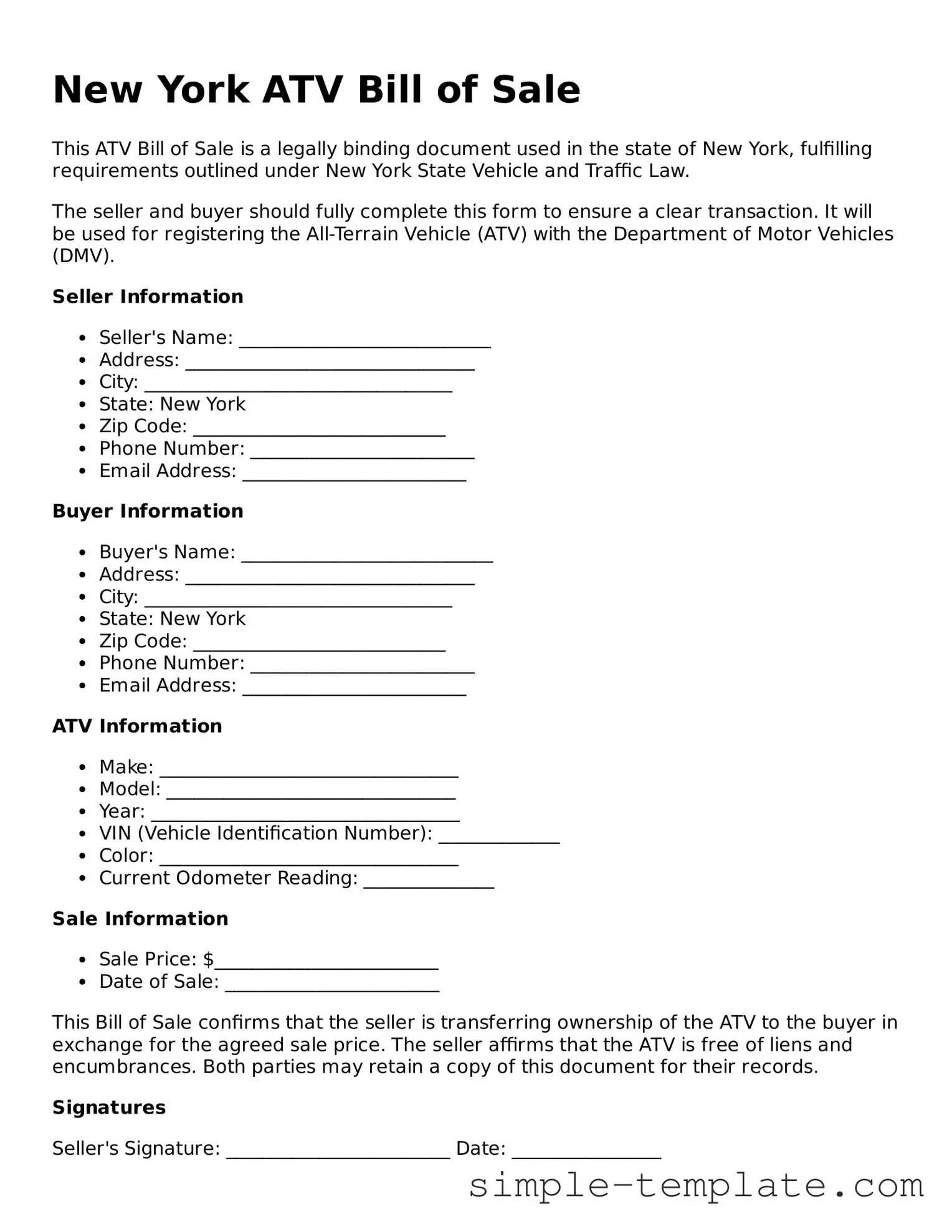 Printable New York ATV Bill of Sale Document