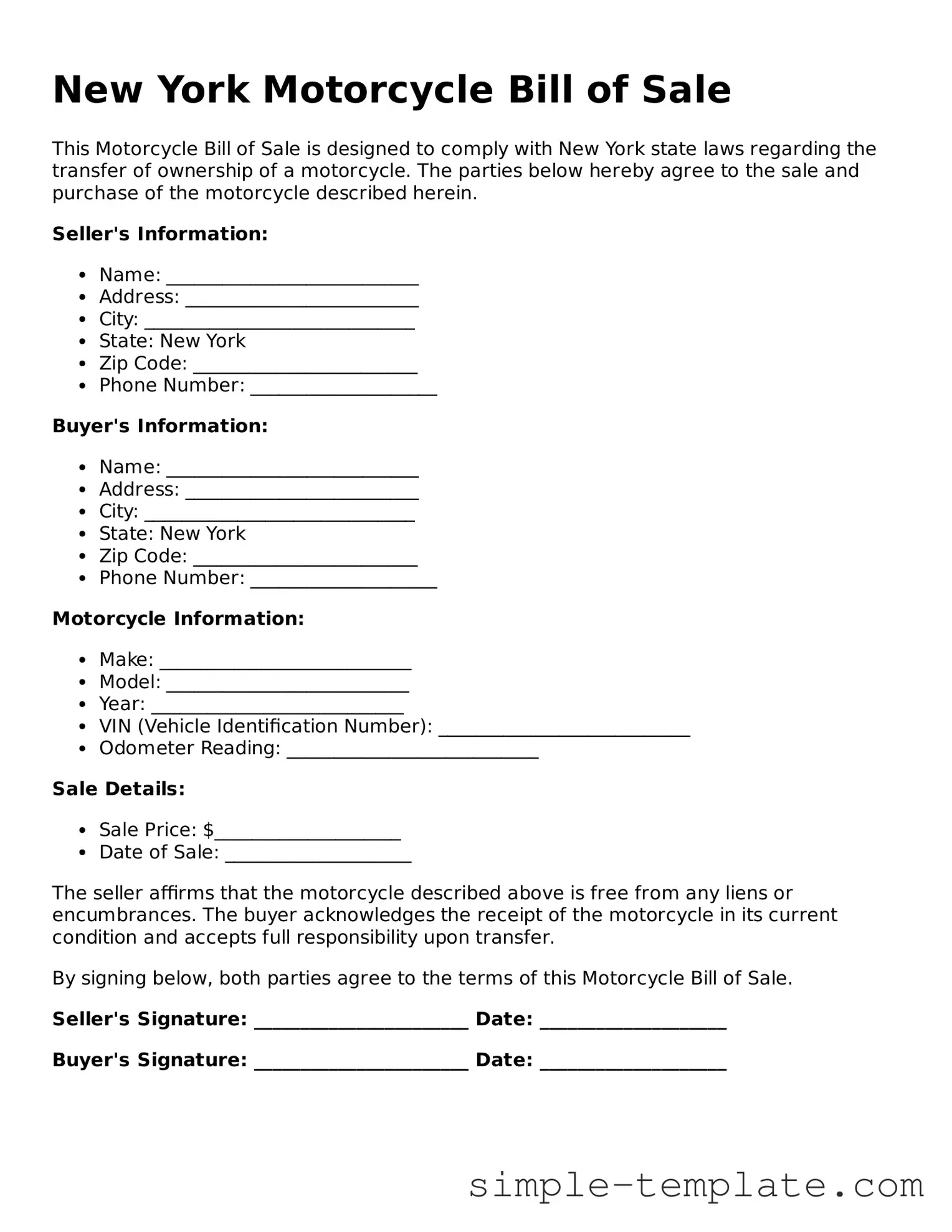 Printable New York Motorcycle Bill of Sale Document