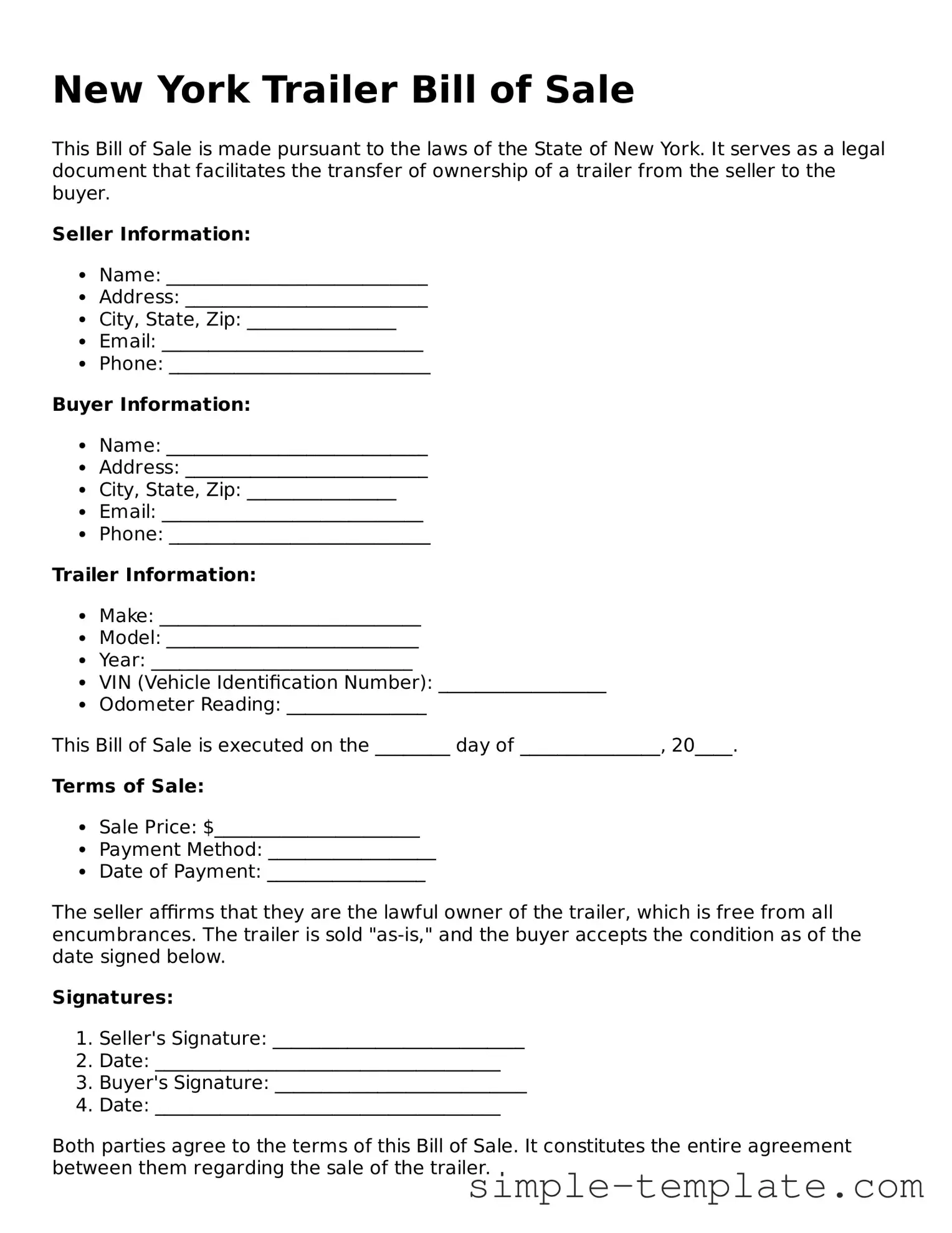 Printable New York Trailer Bill of Sale Document