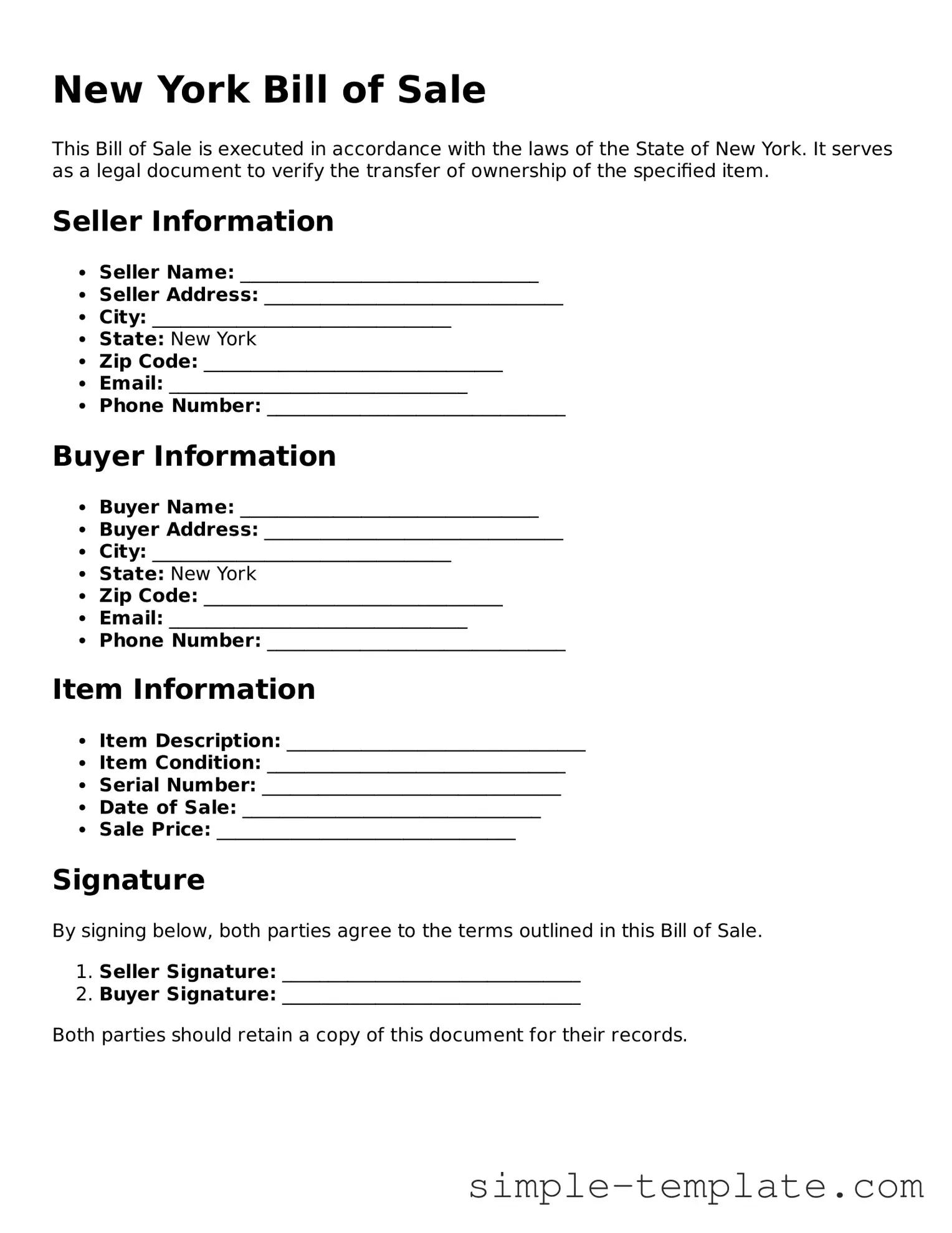 Printable New York Bill of Sale Document