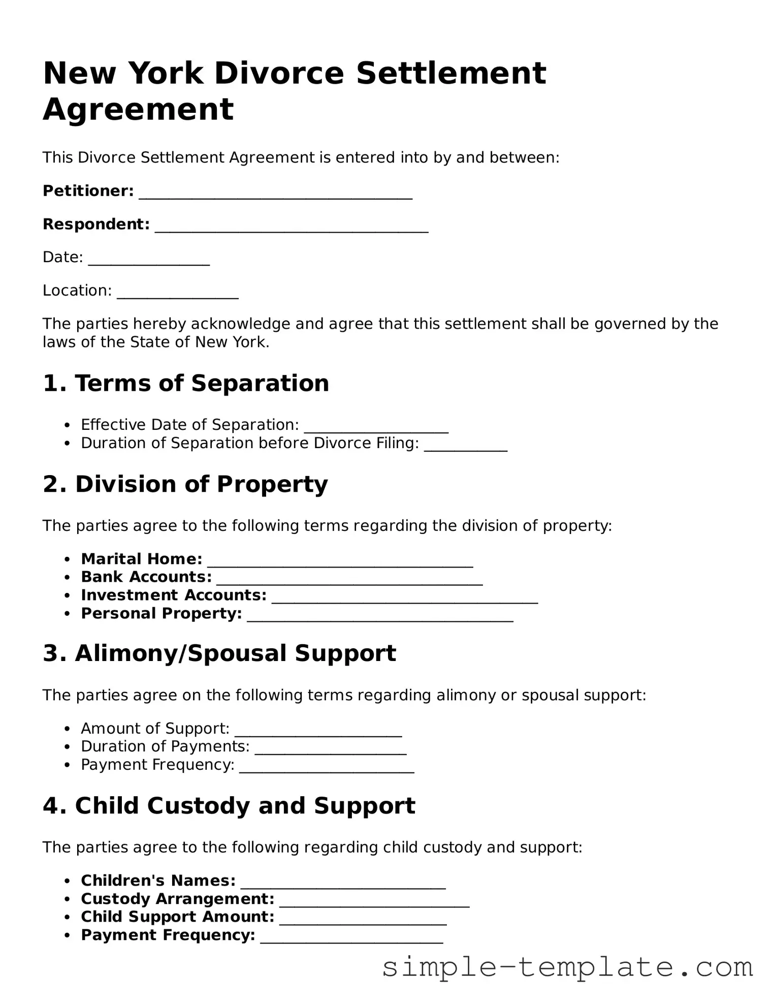Printable New York Divorce Settlement Agreement Document