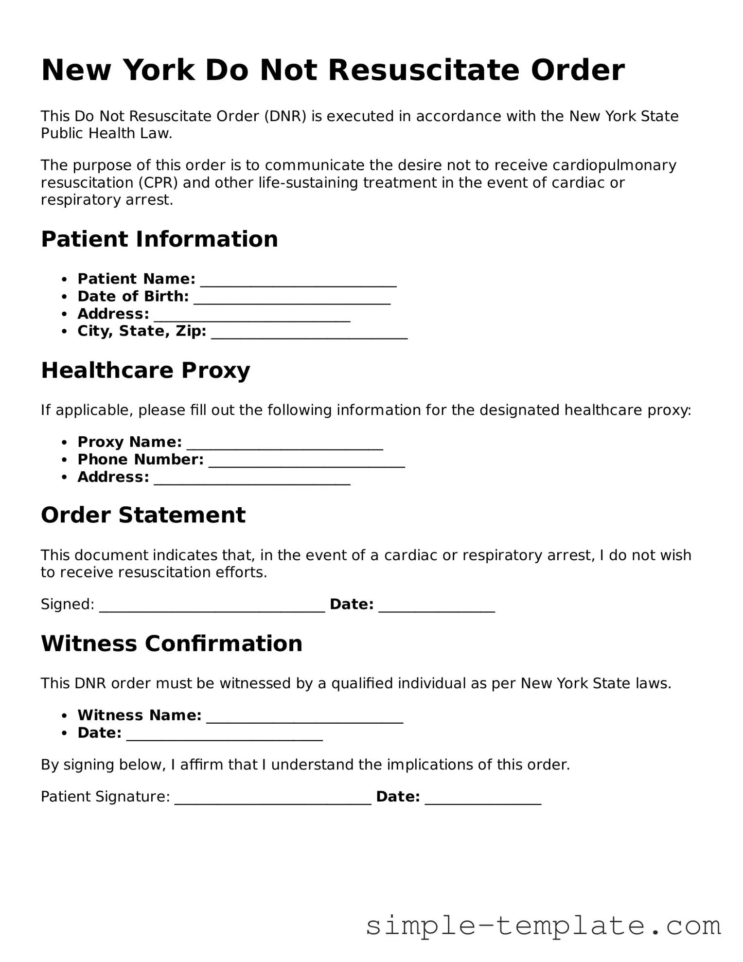 Printable New York Do Not Resuscitate Order Document