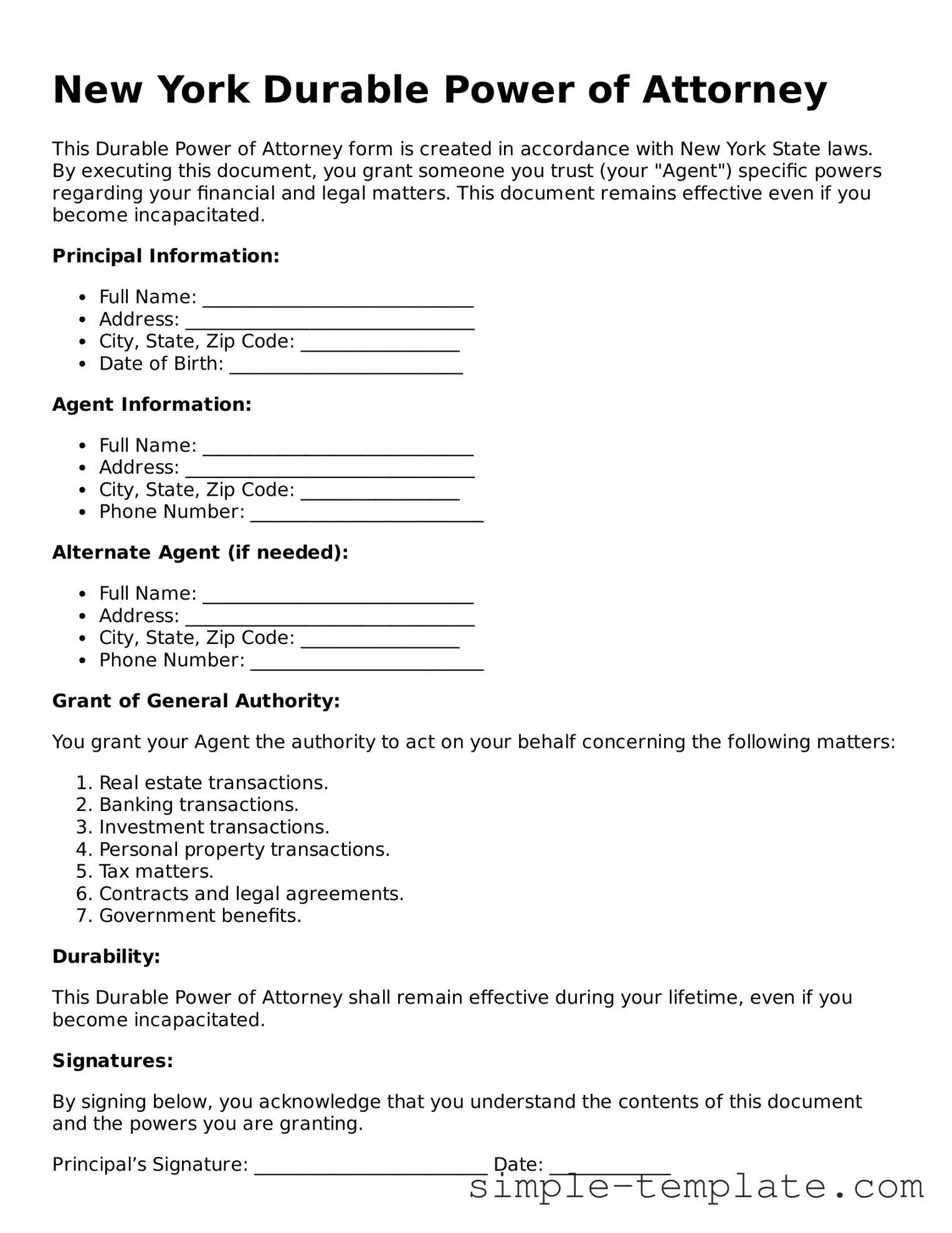 Printable New York Durable Power of Attorney Document