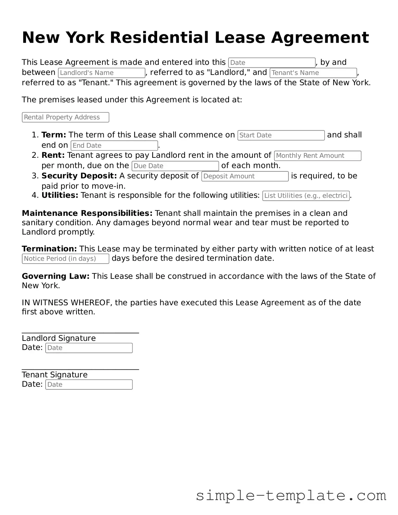 Printable New York Residential Lease Agreement Document