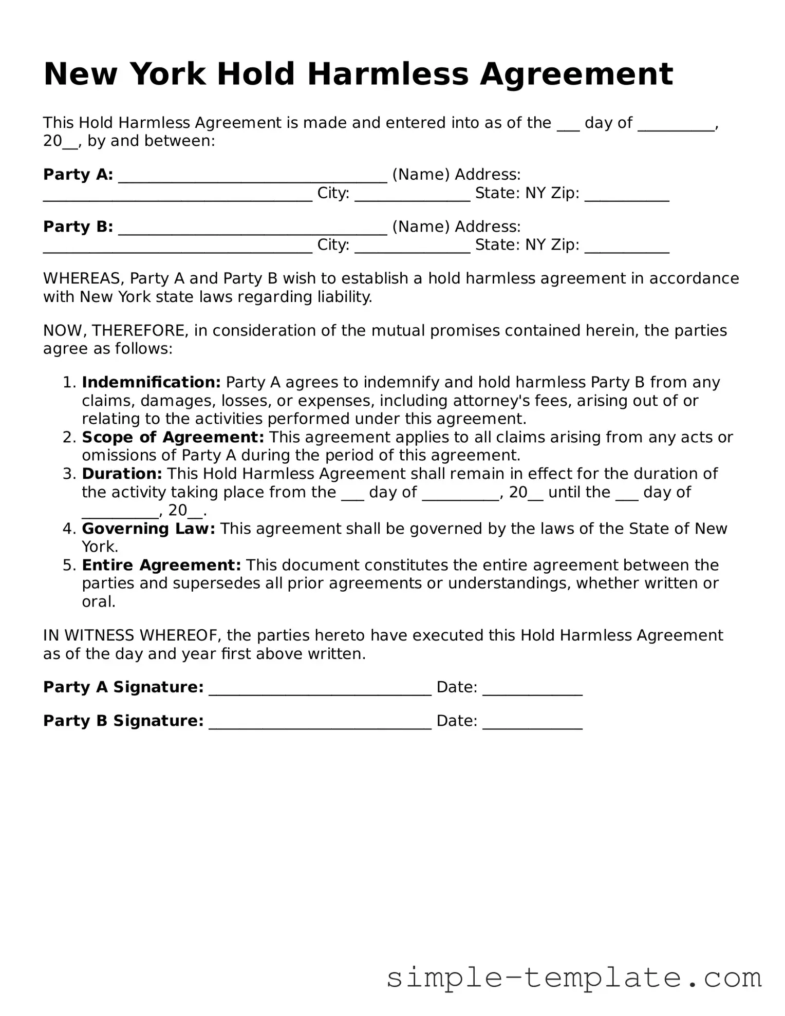 Printable New York Hold Harmless Agreement Document