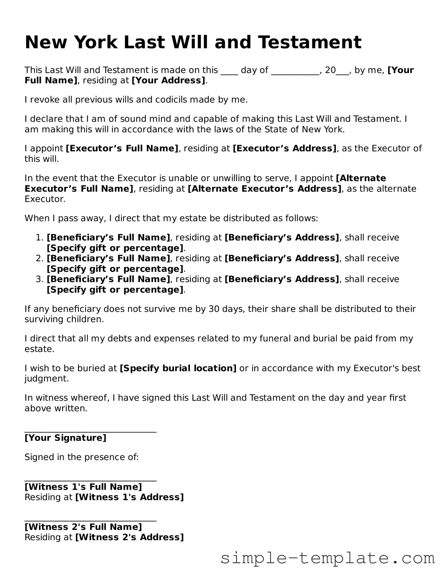 Printable New York Last Will and Testament Document