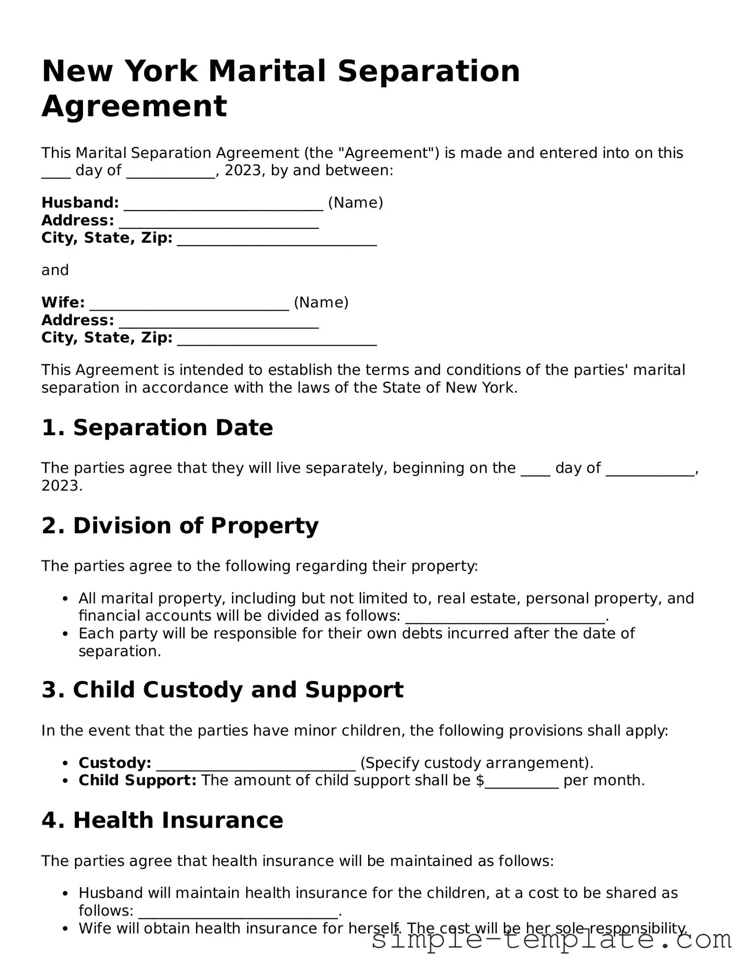 Printable New York Marital Separation Agreement Document