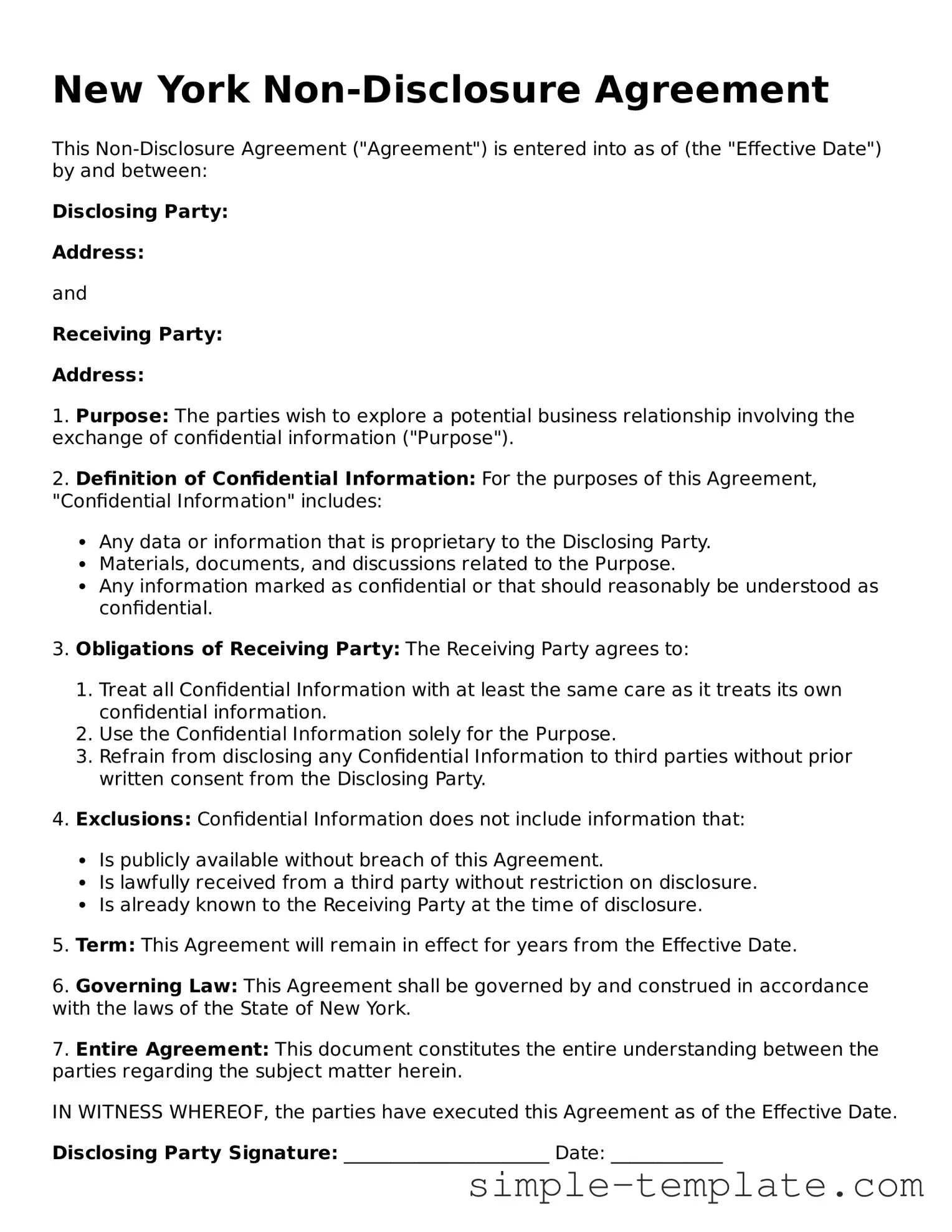 Printable New York Non-disclosure Agreement Document