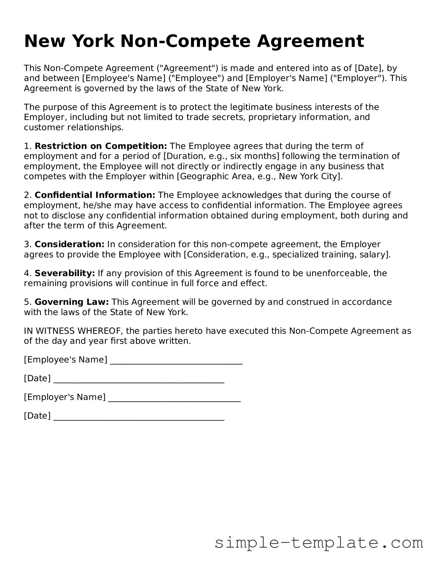 Printable New York Non-compete Agreement Document