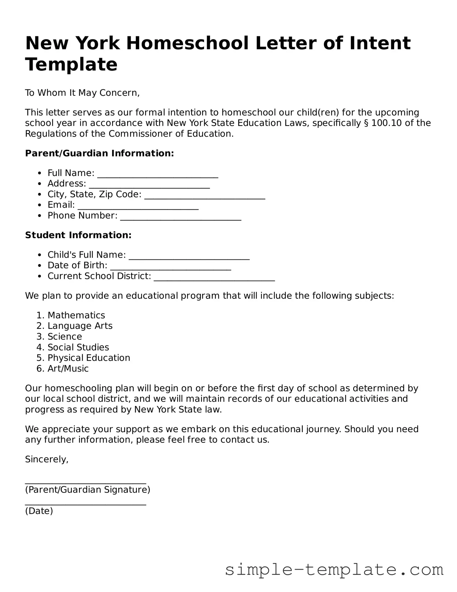 Printable New York Homeschool Letter of Intent Document
