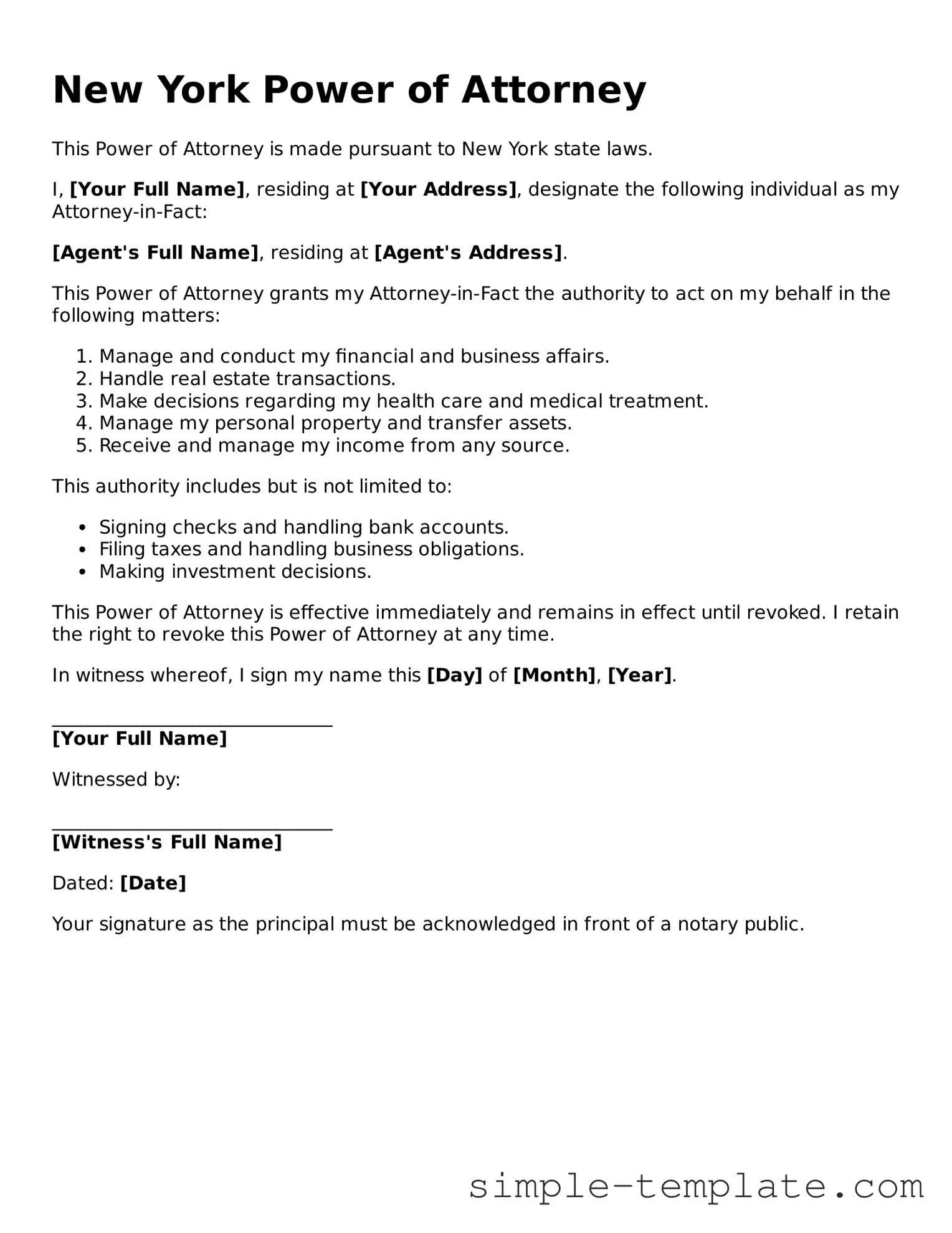 Printable New York Power of Attorney Document