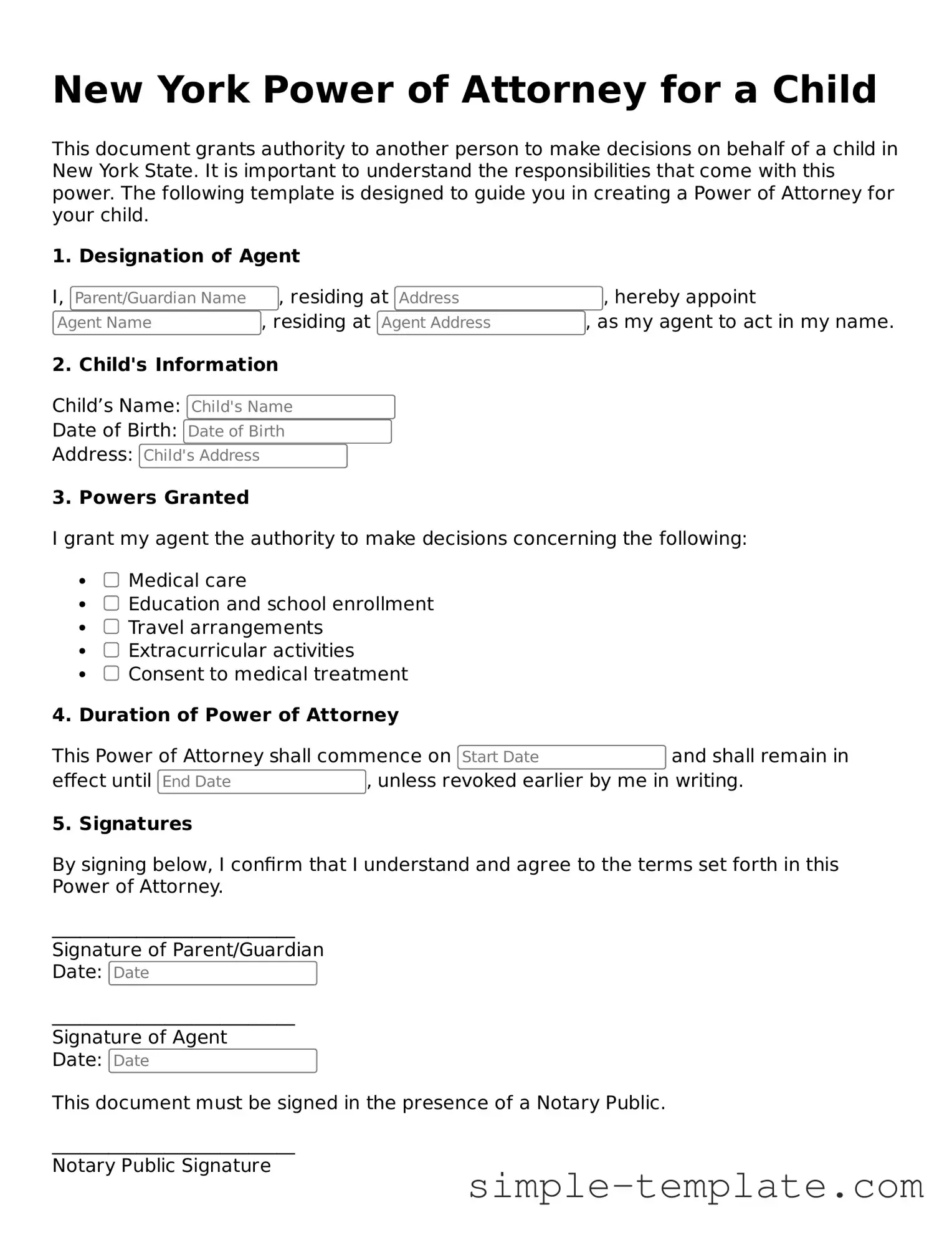 Printable New York Power of Attorney for a Child Document