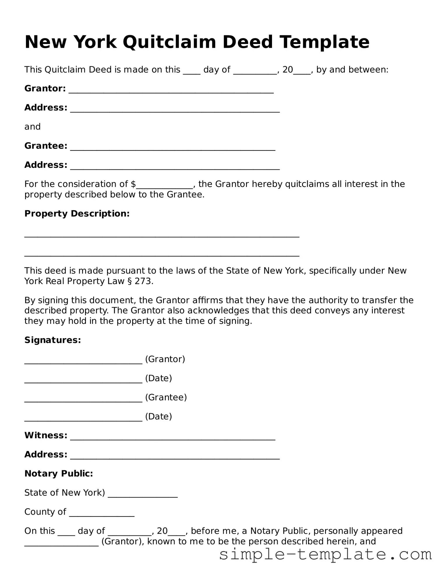 Printable New York Quitclaim Deed Document