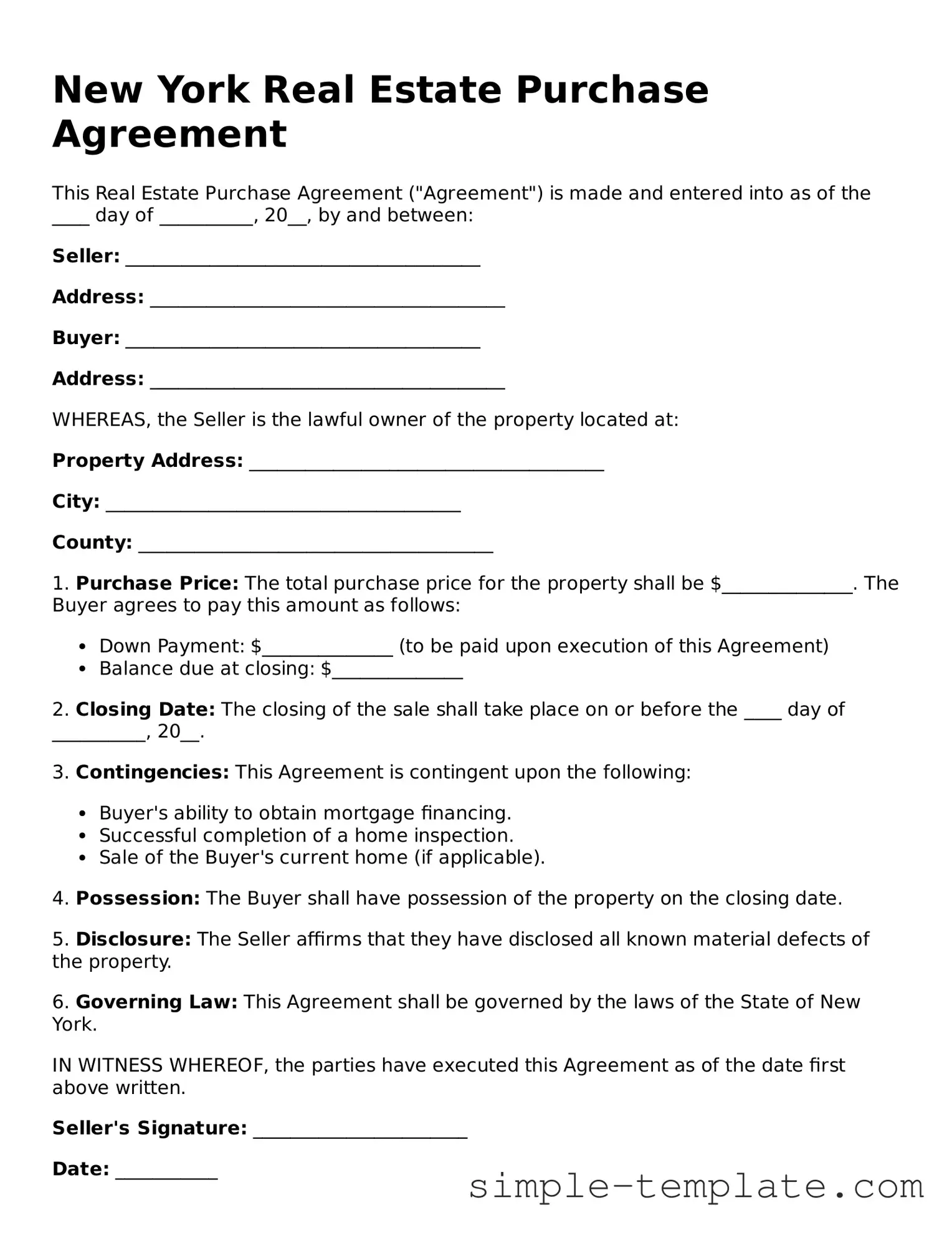 Printable New York Real Estate Purchase Agreement Document