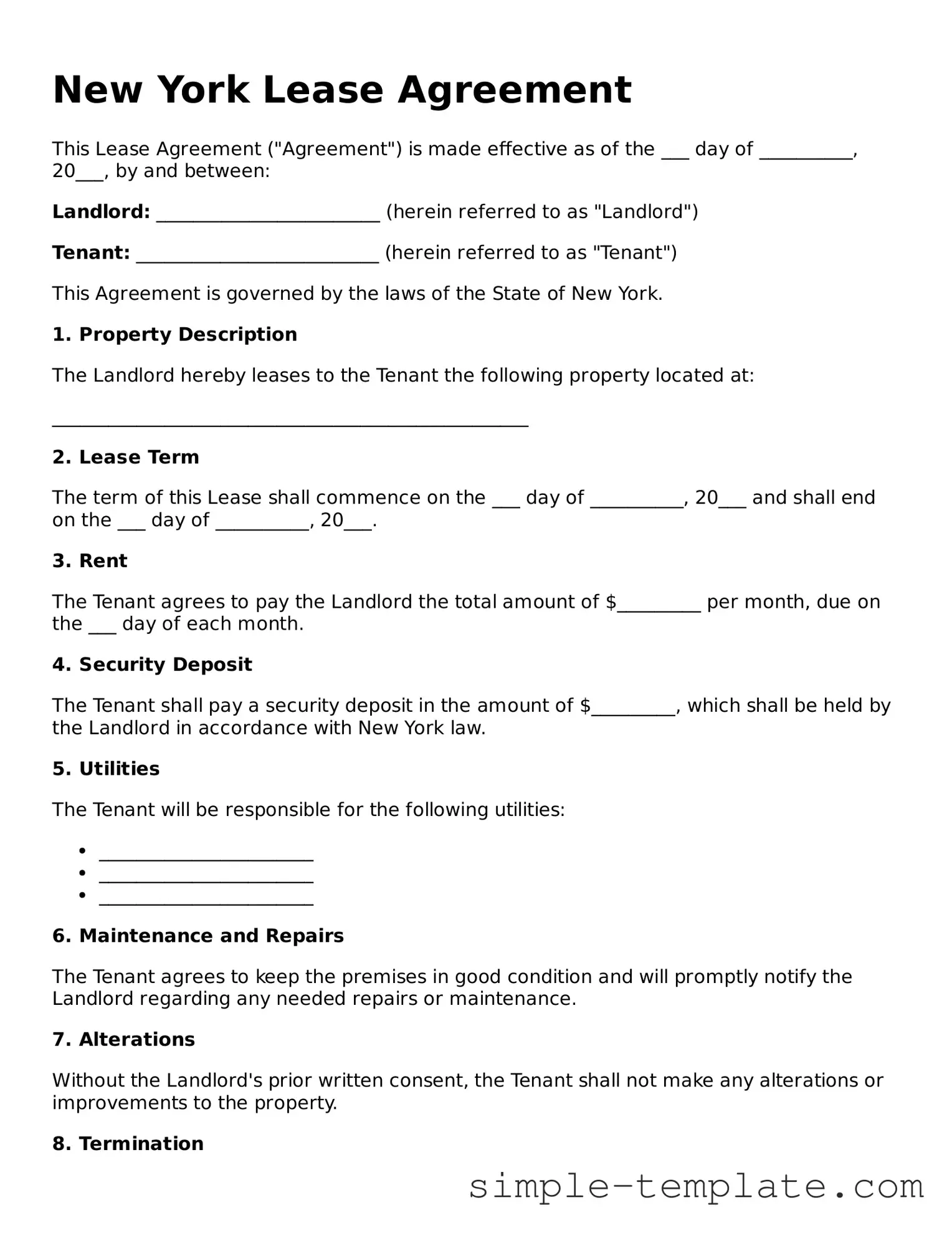 Printable New York Lease Agreement Document