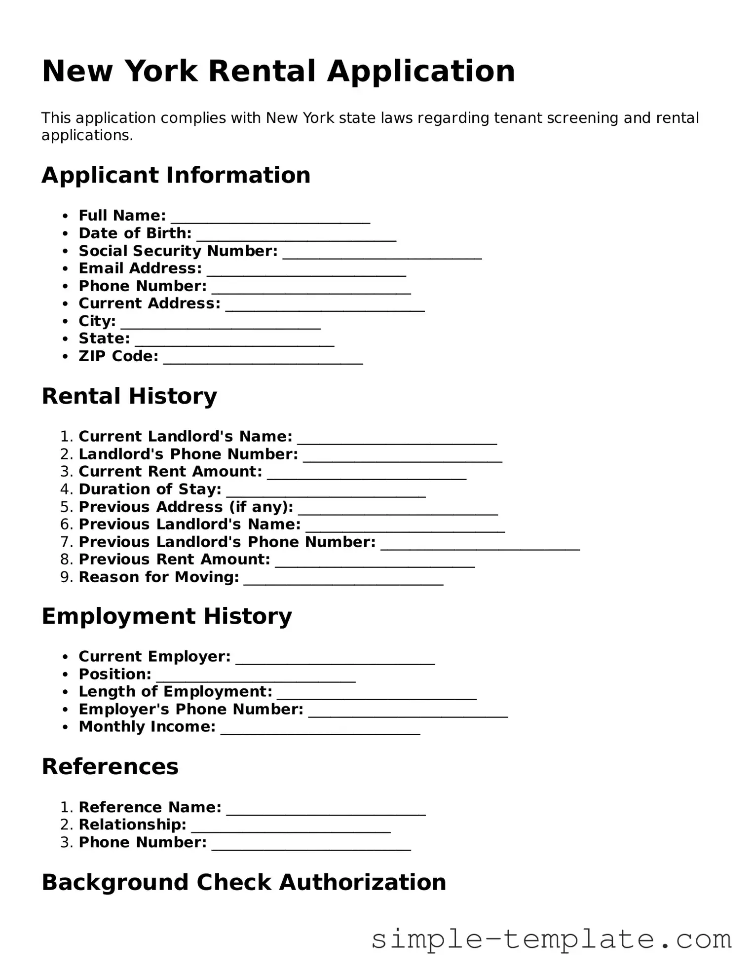 Printable New York Rental Application Document