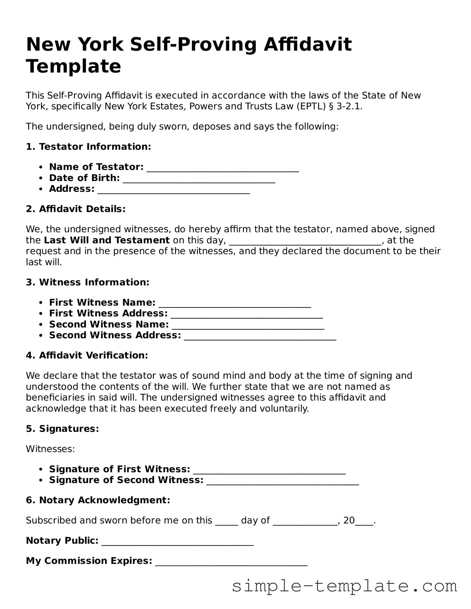 Printable New York Self-Proving Affidavit Document