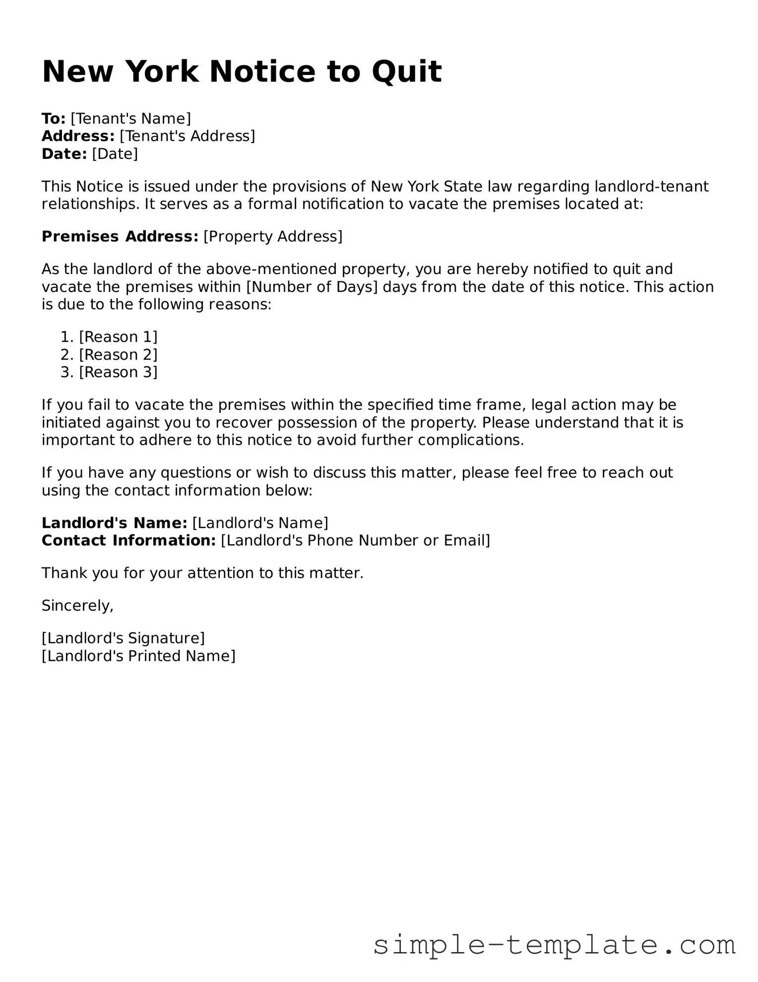 Printable New York Notice to Quit Document
