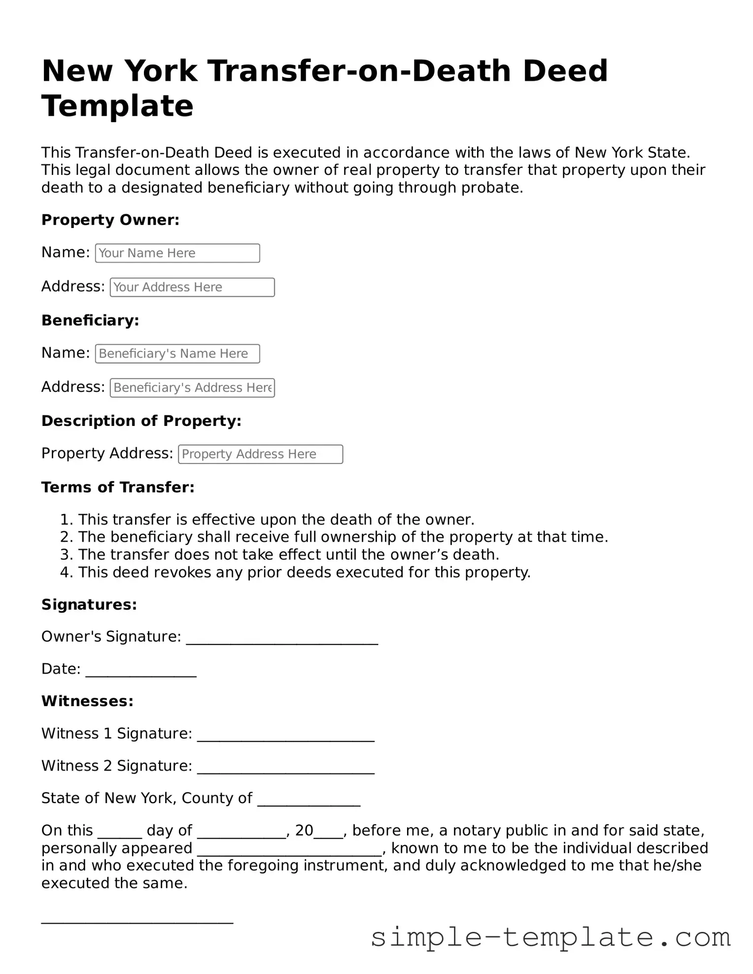 Printable New York Transfer-on-Death Deed Document