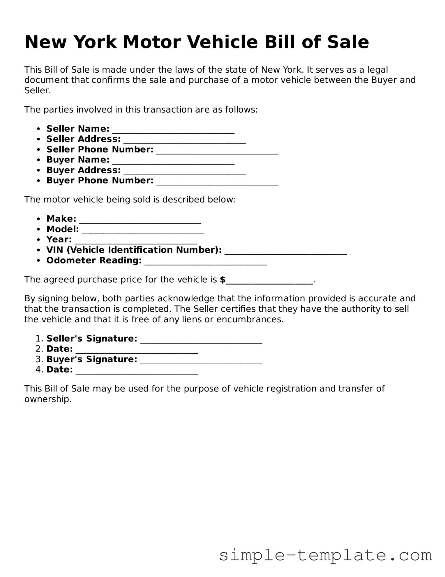 Printable New York Motor Vehicle Bill of Sale Document
