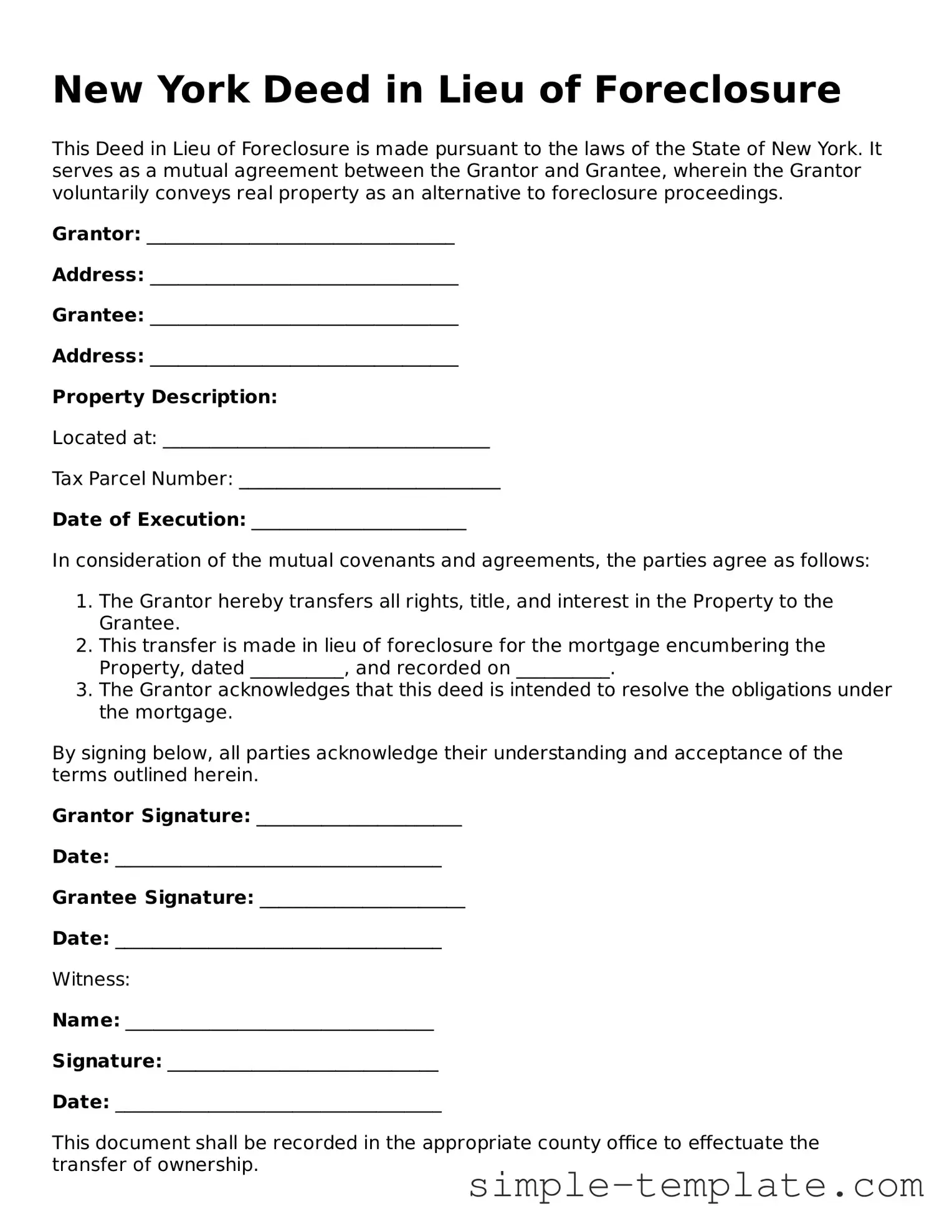 Printable New York Deed in Lieu of Foreclosure Document
