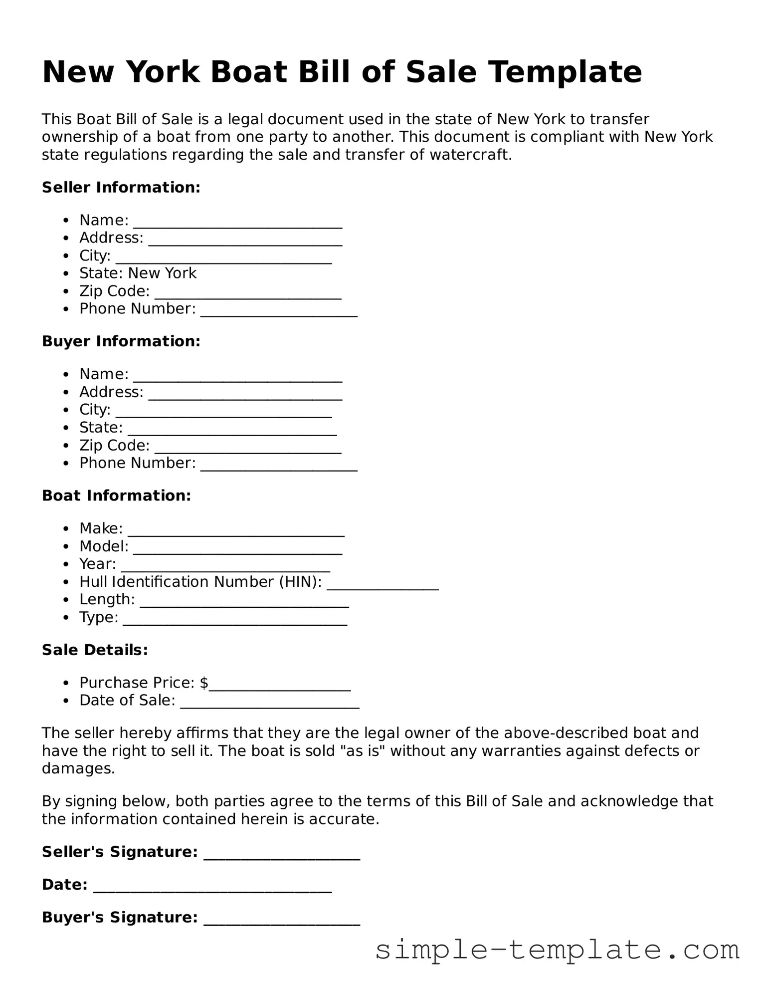 Printable New York Boat Bill of Sale Document