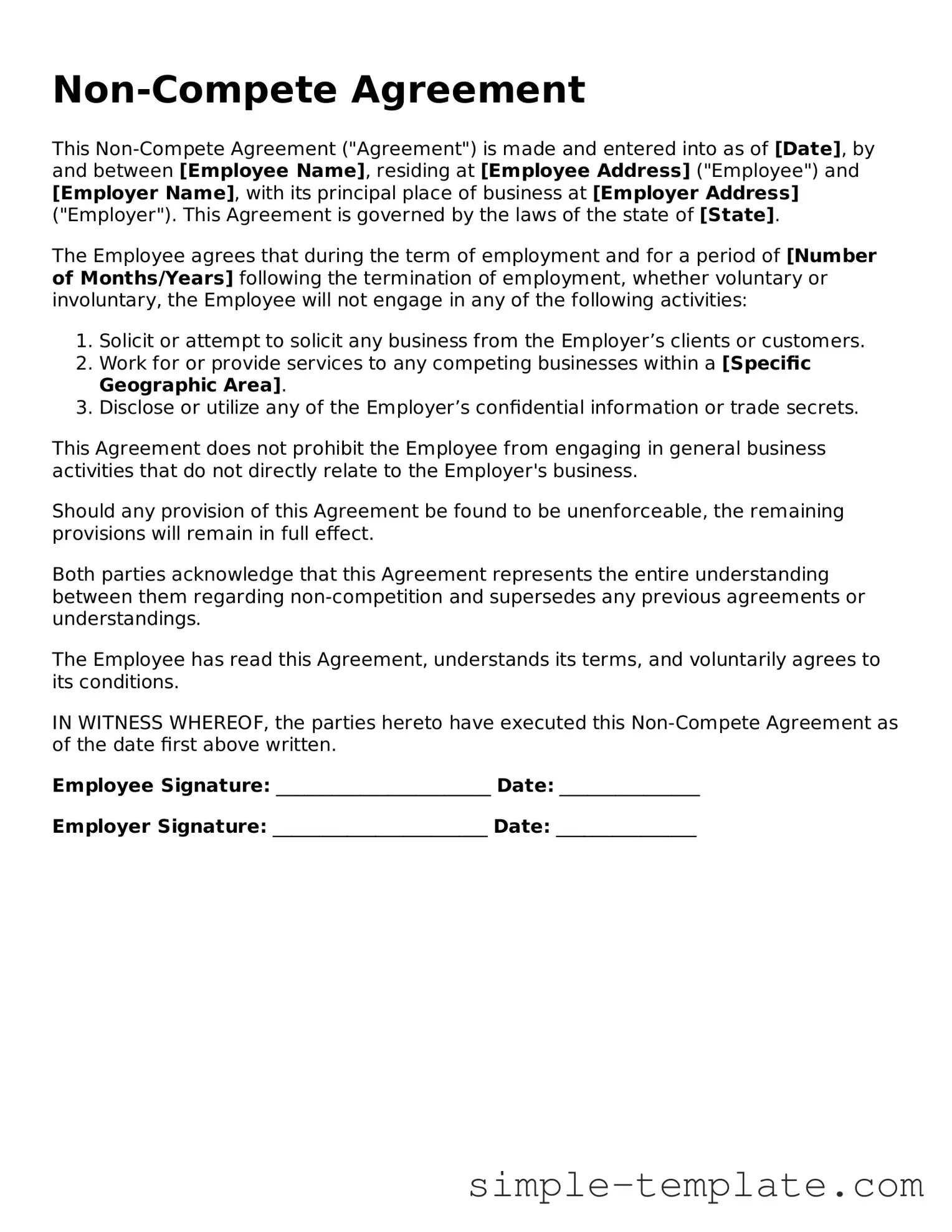 Non-compete Agreement Form