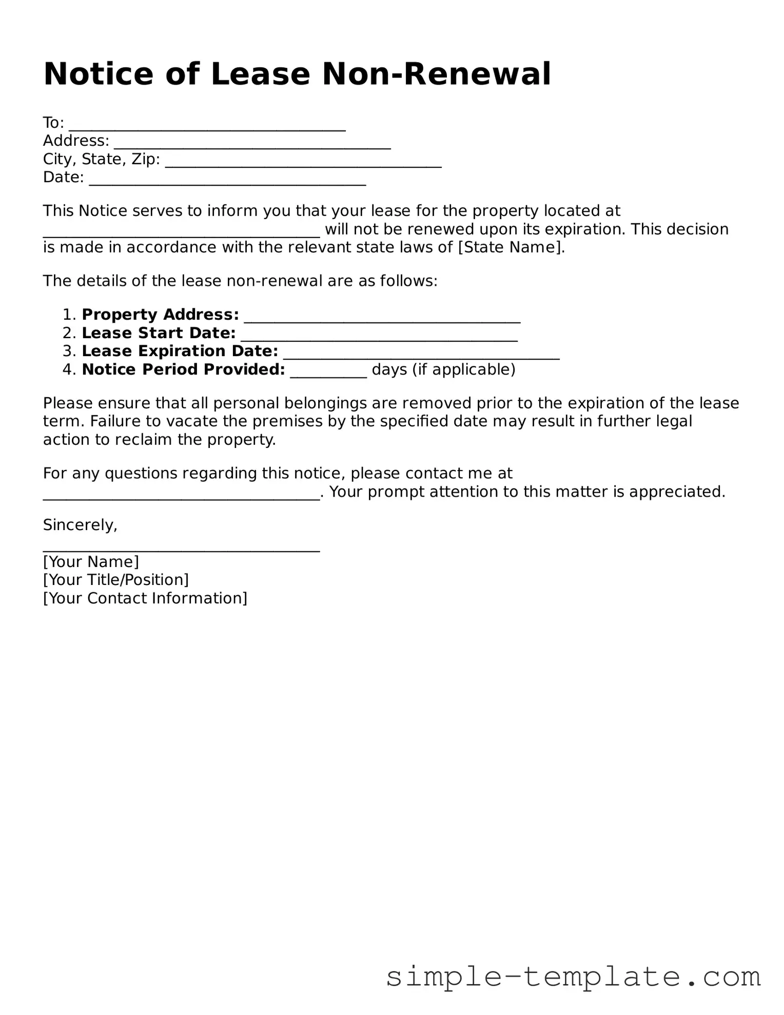 Notice of Lease Non-Renewal Form