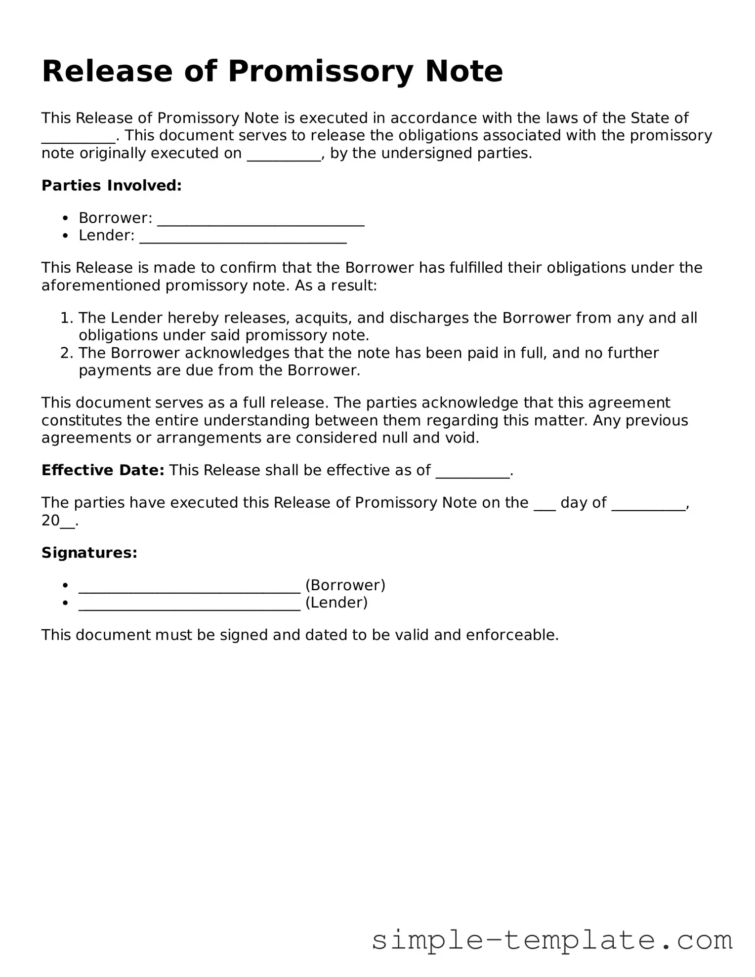 Release of Promissory Note Form
