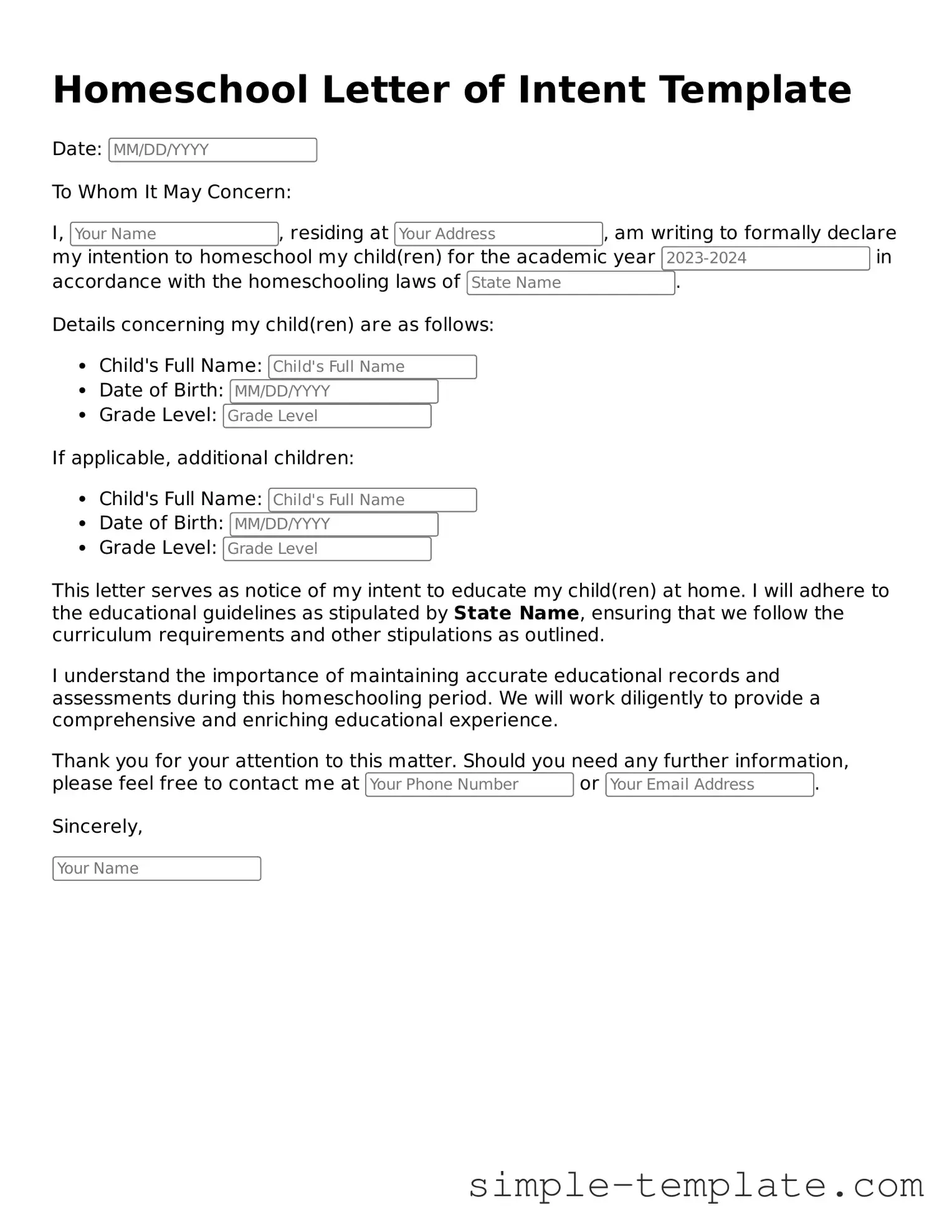 Homeschool Letter of Intent Form